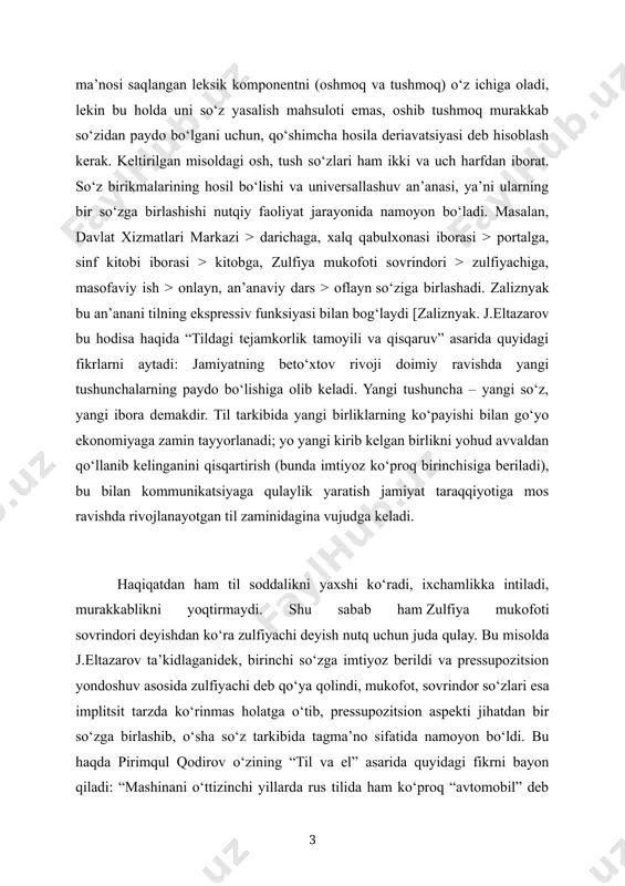 lq qabulxonasi iborasi > portalga, sinf kitobi iborasi > kitobga, zulfiya mukofoti sovrindori > zulfiyachiga, masofaviy ish > onlayn, an’anaviy dars > oflayn so‘ziga birlashadi. zaliznyak bu an’anani tilning ekspressiv funksiyasi bilan bog‘laydi [zaliznyak. j.eltazarov bu hodisa haqida “tildagi tejamkorlik tamoyili va qisqaruv” asarida quyidagi fikrlarni aytadi: jamiyatning beto‘xtov rivoji doimiy ravishda yangi tushunchalarning paydo bo‘lishiga olib keladi. yangi tushuncha – yangi so‘z, yangi ibora demakdir. til tarkibida yangi birliklarning ko‘payishi bilan go‘yo ekonomiyaga zamin tayyorlanadi; yo yangi kirib kelgan birlikni yohud avvaldan qo‘llanib kelinganini qisqartirish (bunda imtiyoz ko‘proq birinchisiga beriladi), bu bilan kommunikatsiyaga qulaylik yaratish jamiyat taraqqiyotiga mos ravishda rivojlanayotgan til zaminidagina vujudga keladi. haqiqatdan ham til soddalikni yaxshi ko‘radi, ixchamlikka intiladi, murakkablikni yoqtirmaydi. shu sabab ham zulfiya mukofoti sovrindori deyishdan ko‘ra zulfiyachi deyish nutq uchun juda qulay. bu misolda j.eltazarov ta’kidlaganidek, birinchi sо‘zga imtiyoz berildi va pressupozitsion yondoshuv asosida zulfiyachi deb qо‘ya qolindi, mukofot, sovrindor sо‘zlari esa implitsit …