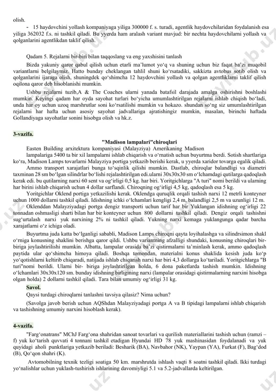 seduraning dastlabki besh bosqichidan foydalanib hal qilishimiz mumkin. qadam 1. talab prognozini va boshqa tegishli ma’lumotlarni o‘rganing va shu asosda talab qilinadigan quvvatni hisoblang · 400000 to‘liq yo‘lovchi-kun 400000/40 = 10000 to‘liq avtobus yuklanish kuniga yoki 10000/300 kun = 33.33 avtobusga teng. · 750,000 to‘liq bo‘lmagan yo‘lovchi kunlari 750,000 / ga teng ( kuniga 40 x 2 sayohat) = 9375 to‘liq avtobus yuk kunlari yoki 9375/ 300 kun = 31,25 avtobus. ushbu raqamlarni qo‘shib, biz 64,58 avtobusga umumiy talabni olamiz. bundan tashqari, kompaniyaning bunday avtobuslari uchun 300/220 x 64.58 =88.06 haydovchi bo‘lishi kerak. qadam 2. hozirgi vaqtda mavjud quvvatni aniqlang · hozirda kompaniyada 61 ta avtobus mavjud, ammo ulardan foydalanish samaradorligi 90% ni tashkil etadi, bu esa 61 x 0,9 =54,9 avtobusga teng bo‘lgan haqiqiy mavjudlik sonini beradi. kompaniyada 86 haydovchi ishlaydi, ammo ularning samaradorligi 85% ni tashkil qiladi, shuning uchun kompaniya aslida faqat 86 x 0,85 =73,1 haydovchidan foydalanishi …