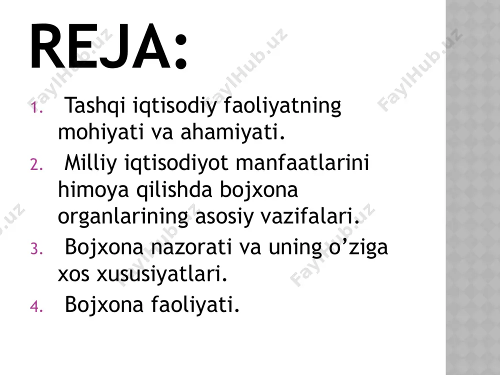 a to’lovlari undiriladi. bojxona to’lovlarini birinchi turi bo’lib, bu bojxona boji hisoblanadi. bojxona nazorati va uning o’ziga xos xususiyatlari. bojxona nazorati – bu qonun hujjatlarida va xalqaro shartnomalarga rioya etilishini ta’minlash maqsadida bojxona organlari amalga oshiradigan tadbirlar majmuidir. bojxona rejimi – bu o’zbekiston respublikasining bojxona chegarasi orqali olib o’tilayotgan tovarlar va transport vositalari maqomini bojxona maqsadlari uchun belgilovchi qoidalar majmuidir. bojxona faoliyati samaralari: mamlakatimizda sohaga berilayotgan katta e’tibor samarasida viloyatdagi bojxona chegara postlarida bojxona nazoratini ta’minlash, tovar va transport vositalarini bojxona ko‘rigidan o‘tkazish, xorijiy sheriklar bilan tuzilgan shartnomalarni ro‘yxatga olish kabi bojxona xizmati bilan bog‘liq barcha ishlar yuksak saviyada o‘tkazilmoqda. bojxona postlarida zamonaviy, xalqaro andozalarga javob beradigan infratuzilma shakllantirilgan. ular zarur qurilma va transport vositalari bilan ta’minlangan. xususan, axborot-kommunikatsiya tarmog‘ining yo‘lga qo‘yilgani tizimda amalga oshirilayotgan ishlar sifati va samaradorligini oshirish, bojxona ko‘rigi muddatini kamaytirishga xizmat qilmoqda. davlat bojxona qo‘mitasining yagona avtomatlashgan axborot tizimi joriy etilgani soha xodimlarining yuqori saviyada faoliyat …