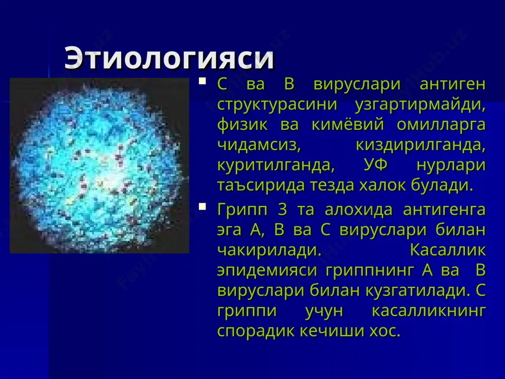 кловчи нормал донор иммуноглобулини: 2 ёшгача болаларга 1,5 мл, 2 ёшдан 7 ёшгача-3 мл, 7 ёшдан кейин ва катталарга-4,5-6 мл.м/о. этиотроп терапия одам лейкоцитар интерферони (чли) интраназал 3-5 томчидан 4 марта кунига (2-3 ампулы чли, 3-5 мл кайнатилган ёки дистилланган сувда эритилади (ингалятор ип-2) этиотроп терапия 7 ёшгача болаларга виферон-1, 7 ёшдан катталарга виферон -2. хар куни 1 суппозитория хар 12 соатда 5 кун давомида. амиксин, арбидол овкатдан кейин ёшига караб гриппнинг носпецифик профилактикаси беморни уз вактида 7 кунга ажратиш. уй шариотида беморни алохида хонада ажратиш. хоналарни тез-тез шамоллаттириб туриш. бемор билан мулокотни камайтириш. беморга факат 4-6 каватли докали никобда хизмат курсатиш. гриппнинг носпецифик профилактикаси специфик профилактика грипп профилактикасида ишлатиладиган гриппга карши вакциналар авлоди бутунвирионли вакциналар гемагглютинин нейраминидаза липидли кавати ички антигенлар сплит вакциналар ички антигенлар гемагглютинин нейраминидаза субъединик вакциналар гемагглютинин нейраминидаза know how вакцины инфлювак субъединицы в виде сфероподобных «розеток» обеспечивают иммунный ответ равный цвв. гриппнинг специфик профилактикаси ваксигрип …