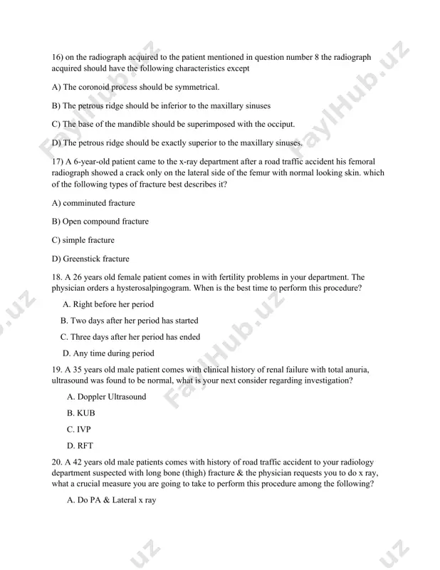 the following? a. do pa & lateral x ray b. position the pt properly c. consider anode heel effect d. select appropriate 35 * 43 film size 21. a 25 years old female patient comes with history of falling down accident & the rt side of the chest is hyper-resonant to percussion, then the physician order pa chest x ray of this patient, so what x ray finding would you expect to be present on the film? a. air filled bronchi running through fluid – filled alveoli b. an increase in broncho vascular marking & bronchi seen end which may appear as ring shadows c. flattened hemi diaphragm with increased & irregular radiolucency of the lung d. radiolucent lung with absent vascular markings & ill-defined lung edge 22. a 2 days old neonate with excessive salivation develops respiratory distress. attempts to pass an or gastric fail because the catheter coils …