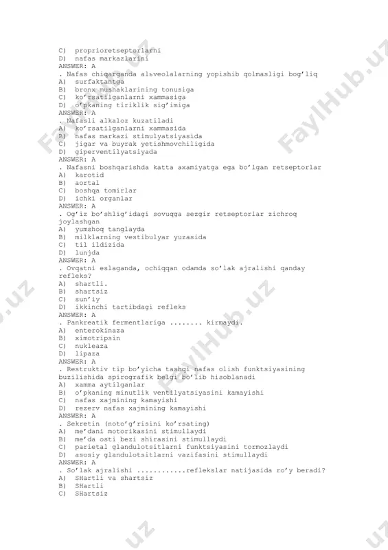 tiriklik sig’imiga answer: a . nafasli alkaloz kuzatiladi a) ko’rsatilganlarni xammasida b) nafas markazi stimulyatsiyasida c) jigar va buyrak yetishmovchiligida d) giperventilyatsiyada answer: a . nafasni boshqarishda katta axamiyatga ega bo’lgan retseptorlar a) karotid b) aortal c) boshqa tomirlar d) ichki organlar answer: a . og’iz bo’shlig’idagi sovuqga sezgir retseptorlar zichroq joylashgan a) yumshoq tanglayda b) milklarning vestibulyar yuzasida c) til ildizida d) lunjda answer: a . ovqatni eslaganda, ochiqqan odamda so’lak ajralishi qanday refleks? a) shartli. b) shartsiz c) sun’iy d) ikkinchi tartibdagi refleks answer: a . pankreatik fermentlariga ........ kirmaydi. a) enterokinaza b) ximotripsin c) nukleaza d) lipaza answer: a . restruktiv tip bo’yicha tashqi nafas olish funktsiyasining buzilishida spirografik belgi bo’lib hisoblanadi a) xamma aytilganlar b) o’pkaning minutlik ventilyatsiyasini kamayishi c) nafas xajmining kamayishi d) rezerv nafas xajmining kamayishi answer: a . sekretin (noto’g’risini ko’rsating) a) me’dani motorikasini stimullaydi b) me’da osti bezi shirasini stimullaydi c) parietal …