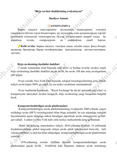 birja savdosi shakllarining evolyutsiyasi — DOCX
