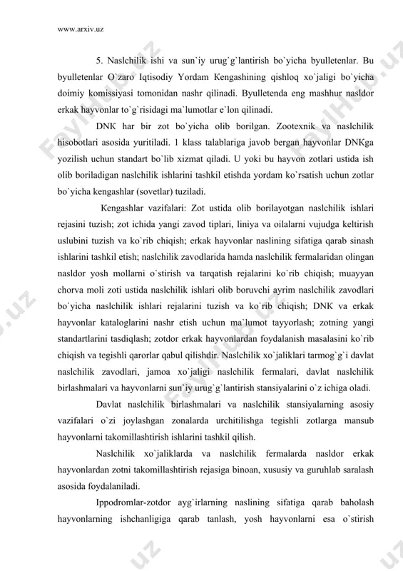 lchilik zavodlari, jamoa xo`jaligi naslchilik fermalari, davlat naslchilik birlashmalari va hayvonlarni sun`iy urug`g`lantirish stansiyalarini o`z ichiga oladi. davlat naslchilik birlashmalari va naslchilik stansiyalarning asosiy vazifalari o`zi joylashgan zonalarda urchitilishga tegishli zotlarga mansub hayvonlarni takomillashtirish ishlarini tashkil qilish. naslchilik xo`jaliklarda va naslchilik fermalarda nasldor erkak hayvonlardan zotni takomillashtirish rejasiga binoan, xususiy va guruhlab saralash asosida foydalaniladi. ippodromlar-zotdor ayg`irlarning naslining sifatiga qarab baholash hayvonlarning ishchanligiga qarab tanlash, yosh hayvonlarni esa o`stirish usullariga baho berish yuzasidan tegishli ishlar olib boradi. bu joylarda yo`rtoqi va chopqir otlar treningi hamda sinovi o`tkaziladi. bu erga ot zavodlari va boshqa yilqichilik xo`jaliklaridan 2-2,5 yoshdagi toylar sinash uchun keltiriladi. yo`rtoqi biyalar ippodromlarda 4-5 yoshgacha, ayg`g`irlar 6-8 yoshgacha miniladigan otlarning biyalari esa 3-4 va ayg`irlari 4-6 yoshgacha sinaladi. кo`rgazma va marosimlar, ya`ni hayvonlarni namoyishga olib chiqish zotlarni takomillashtirishda muxim ahamiyatga ega. hozirgi vaqtda respublikada yangi va yagona naslchilik xizmati tashkil qilingan. bu tashkilot hozirgi zamon fan yutuqlaridan foydalangan holda …