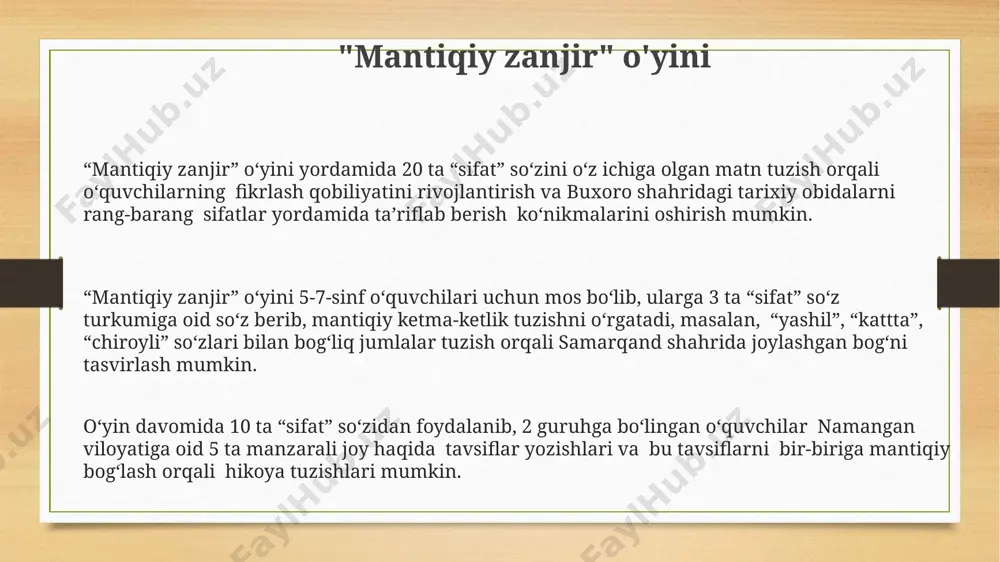 niqlab, ularning rang, shakl va hajmiga oid 20 ta misollarni tahlil qilishlari mumkin. o'quvchilar farg'onadagi 2 ta bog'dan olingan 8 ta mevaning sifatlarini taqqoslash orqali 3 ta jadval tuzishlari va ularni 10 ta grammatik qoida asosida tahlil qilishlari mumkin. o'quvchilarning faol ishtirokini ta'minlash usullari "sifat" so'z turkumiga oid 10 ta gap tuzib, ularni turli shakllarda (rasm, she'r, hikoya) ifodalash orqali andijon viloyatidagi o'quvchilarning ijodiy salohiyatini oshirishga erishish mumkin. o'quvchilarga 3 xil rangdagi kartochkalar berib, ularga "sifat" so'z turkumiga oid so'zlarni yozib, keyin guruhlarda o'zaro almashish orqali toshkent shahridagi dars samaradorligini oshirish mumkin. 5-7 kishilik guruhlarda "sifat" so'z turkumi bilan bog'liq topshiriqlarni bajarish orqali samarqanddagi o'quvchilarning fikrlash va muloqot qobiliyatlarini rivojlantirish mumkin. "sifatlarni toping" o'yini o‘yin davomida 10 ta sifat topilgan bo‘lsa, o‘quvchilarga samarqand shahri haqidagi qisqacha ma’lumot beriladi, aks holda qo‘shimcha topshiriq beriladi. “sifatlarni toping” o‘yini 2-4 o‘quvchi uchun mo‘ljallangan bo‘lib, ular toshkentdagi maktab kutubxonasidan 5 ta turli she’r tanlab, …