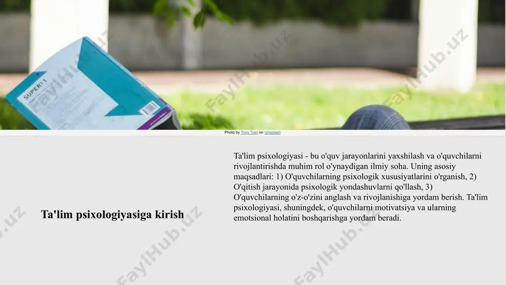 tish, ularning ehtiyoj va his-tuyg'ularini tushunish, shuningdek, bilim va ko'nikmalarni rivojlantirishdir. ota-onalar farzandlariga ta'limda yordam berishlari, ularni rag'batlantirishlari va o'zaro ishonchni mustahkamlashlari kerak. ota-onalar farzandlarida yaxshi o'rnak bo'lishlari zarur. ular o'z xulq-atvorlari bilan ta'sir ko'rsatib, maslahatlar berishlari lozim. farzandlar uchun muvaffaqiyatli tarbiya, ota-onalarning ishqibozligi, mas'uliyati va sabr-toqatidan bog'liq. ota-onalar ta'lim jarayonida faol ishtirok etishlari muhimdir. ta'limchilarning tarbiyadagi roli ta'limchilar ta'lim jarayonida muhim o'rin egallaydi. ular bilim berish bilan birga, o'quvchilarning axloqiy, ruhiy va jismoniy rivojlanishlariga ham ta'sir ko'rsatadilar. o'qituvchilar o'z o'quvchilarini qiziqarli faoliyatlar orqali rag'batlantirish va ijtimoiy ko'nikmalarini rivojlantirishda katta rol o'ynaydi. o'qituvchilar o'quvchilarning ishonchini oshirish, muammolarini tushunish va ularni ijtimoiy muhitda muvaffaqiyatli bo'lishlari uchun zarur ko'nikmalarni o'rgatishda muhim rol o'ynaydi. ta'lim jarayonida muhokama, guruh ishlari va ijodiy loyihalar orqali o'quvchilarda faol ishtirok etishni rag'batlantirish zarur. 1 2 ota-onalar va ta'limchilar hamkorligi ota-onalar va ta'limchilar o'rtasidagi muhim aloqalar ota-onalar va ta'limchilar o'rtasidagi hamkorlik, farzandlarning ta'limida muhim rol o'ynaydi. bu hamkorlik, …