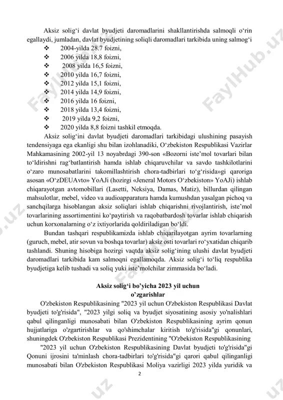 hamda ishlab chiqaruvchilar va savdo tashkilotlarini o‘zaro munosabatlarini takomillashtirish chora-tadbirlari to‘g‘risida»gi qaroriga asosan «o‘zdeuavto» yoaji (hozirgi «jeneral motors o‘zbekiston» yoaji) ishlab chiqarayotgan avtomobillari (lasetti, neksiya, damas, matiz), billurdan qilingan mahsulotlar, mebel, video va audioapparatura hamda kumushdan yasalgan pichoq va sanchqilarga hisoblangan aksiz soliqlari ishlab chiqarishni rivojlantirish, iste’mol tovarlarining assortimentini ko‘paytirish va raqobatbardosh tovarlar ishlab chiqarish uchun korxonalarning o‘z ixtiyorlarida qoldiriladigan bo‘ldi. bundan tashqari respublikamizda ishlab chiqarilayotgan ayrim tovarlarning (guruch, mebel, atir sovun va boshqa tovarlar) aksiz osti tovarlari ro‘yxatidan chiqarib tashlandi. shuning hisobiga hozirgi vaqtda aksiz solig‘ining ulushi davlat byudjeti daromadlari tarkibida kam salmoqni egallamoqda. aksiz solig‘i to‘liq respublika byudjetiga kelib tushadi va soliq yuki iste’molchilar zimmasida bo‘ladi. aksiz solig‘i bo’yicha 2023 yil uchun o’zgarishlar o'zbekiston respublikasining "2023 yil uchun o'zbekiston respublikasi davlat byudjeti to'g'risida", "2023 yilgi soliq va byudjet siyosatining asosiy yo'nalishlari qabul qilinganligi munosabati bilan o'zbekiston respublikasining ayrim qonun hujjatlariga o'zgartirishlar va qo'shimchalar kiritish to'g'risida"gi qonunlari, shuningdek o'zbekiston …
