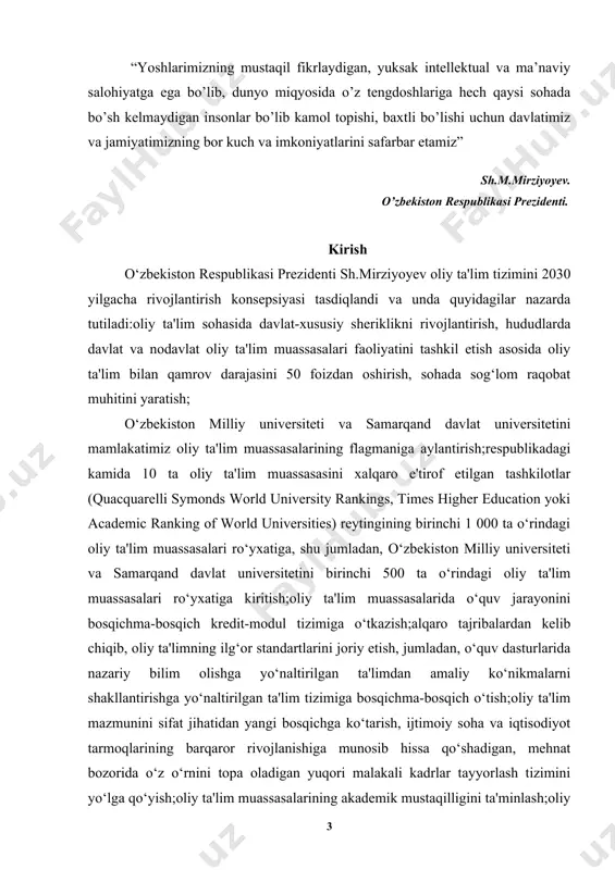 bosqichma-bosqich kiritilishini ta'minlash;o‘zbekiston oliy ta'lim tizimini markaziy osiyoda xalqaro ta'lim dasturlarini amalga oshiruvchi “xab”ga aylantirish;oliy ta'limning investitsiyaviy jozibadorligini oshirish, xorijiy ta'lim va ilm-fan texnologiyalarini jalb etish;talaba-yoshlar ta'lim-tarbiyasi uchun qo‘shimcha sharoitlar yaratishga qaratilgan kompleks chora-tadbirlarni o‘z ichiga olgan beshta tashabbusni amaliyotga tatbiq etish;oliy ta'lim muassasalarining infratuzilmasi va moddiy-texnik bazasini, shu jumladan, xalqaro moliya institutlarining imtiyozli mablag‘larini keng jalb qilish hisobiga yaxshilash, ularni bosqichma-bosqich o‘zini o‘zi moliyalashtirish tizimiga o‘tkazish va moliyaviy barqarorligini ta'minlash;ta'limning ishlab chiqarish korxonalari va ilmiy-tadqiqot institutlari bilan o‘zaro manfaatli hamkorligini yo‘lga qo‘yish;aholining ijtimoiy himoyaga muhtoj qatlamlari, shu jumladan, imkoniyati cheklangan shaxslarning oliy ta'lim bilan qamrov darajasini oshirish, ular uchun infratuzilmaga oid sharoitlarni yaxshilash;b) o‘zbekiston respublikasi oliy ta'lim tizimini 2030 yilgacha rivojlantirish konsepsiyasini 2019 yilda amalga oshirish bo‘yicha “yo‘l xaritasi” tasdiqlandi.konsepsiya tegishli davrga mo‘ljallangan maqsadli parametrlar va asosiy yo‘nalishlardan kelib chiqib, har yili alohida tasdiqlanadigan “yo‘l xaritasi” orqali bosqichma-bosqich amalga oshirilishi belgilab qo‘yildi. kurs ishining dolzarbligi: yoshlarga ta’lim va tarbiya …