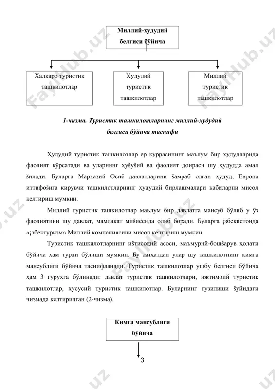 т турлари бўйича таснифи тартибга солувчи туристик ташкилотлар туризмни ривожлантириш, унинг фаоилятини маълум меъёрлар асосида бошšариш каби меъёрий-ҳуšуšий ҳужжаталрни ишлаб чиšади ва уларнинг бажарилишини назорат šилади. лойиҳалаштирувчи туристик ташкилотлар ҳам туризм инфратузилмасининг таркибий šисми бўлиб, туристик объектларнинг жойланиши ва улар бўйича туристларнинг ҳаракатини лойиҳалаш билан шуғулланадилар. етказиб берувчи ташкилотлар туристик маҳсулотларни етказиб бериш билан шуғулланадилар. улар ҳам туризмнинг ажралмас бир šисмидир. туризм ҳам бир алоҳида соҳа бўлиш билан бирга ўзига хос туризм бозорига ҳам эга. ҳар šандай бозорда бўлганидек, туризм бозорида ҳам бозор агентлиги мавжуд. булар асосан туризм бозорининг жуда кўп жиҳатлари, хусусан маркетинг фаолияти, бозор конъюктураси каби šирраларини ўрганадилар. маслаҳат берувчи туристик ташкилотлар ҳам бошšа соҳалар сингари ўзига хос ўринга эга. бунда мутахассисларга ва туристик фаолият билан шуғулланувчи шахсларга маслаҳат бериш жараёнида пуллик маслаҳат хизматини кўрсатадилар. худди шу ташкилотга ўхшаш ўрганувчилик билан шуғулланадиган ташкилотлар ҳам бор. ¡ргатувчилар бу соҳа билан шуғулланиш истаги бўлган, лекин ушбу соҳанинг сир-синоатларини, туризм бизнесидан …