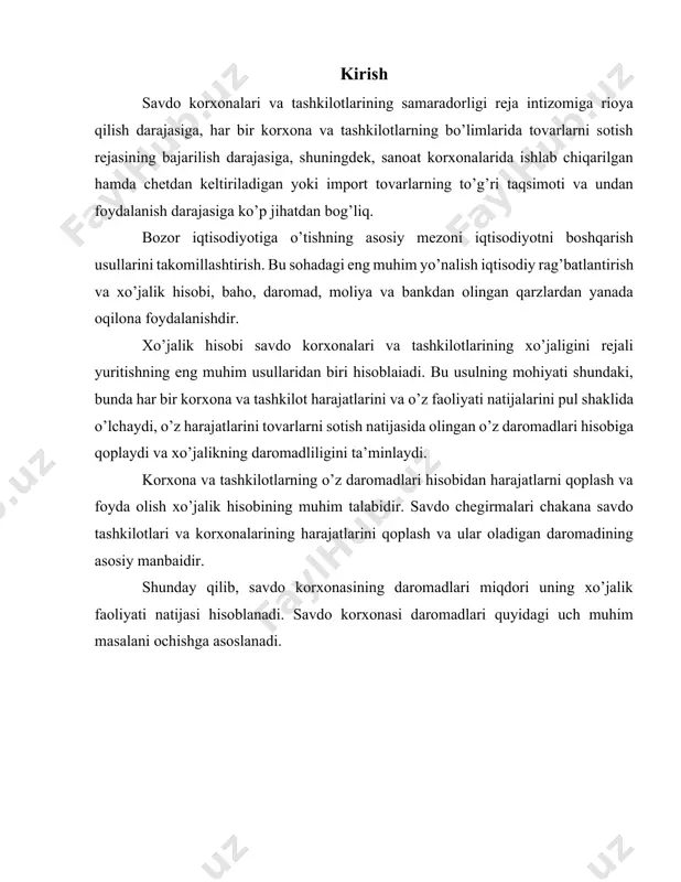 laning yechilishi savdo korxonasi kundalik xo’jalik faoliyatining o’z-o’zini qoplashiga imkon yaratadi. 2.daromadlarning bir qismi davlat va mahalliy budjetlar, budjetdan tashqari fondlarni shakllantiruvchi turli soliq to’lovlari to’lanishining manbai bo’lib hizmat qiladi. bu masalaning yechimi korxonaning davlat oldidagi moliyaviy majburiyatlarini bajarilishini ta’min etadi. 3.daromadlarning ma’lum bir qismi esa foydaning shakllanish manbai hisoblanadi. bu foyda hisobidan esa ishlab chiqarish, xodimlarni qo’shimcha moddiy rag’batlantirish, ijtimoiy so’rovlar, mulk egalariga to’lov, rezerv va boshqa fondlar shakllanadi. masalaning yechimi savdo korxonasining istiqboldagi rivojini moliyalashtirilishini asoslaydi. savdo korxonasi o’z daromadlarini turli manbalardan va xo’jalik operatsiyalarining turli xillaridan shakllantiradi. savdo korxonasining barcha xo’jalik operatsiyalari bo’yicha barcha manbalardan olingan daromadlari majmui uning yalpi daromadini tashkil etadi. savdo korxonalarining yalpi daromadlari to’rtta asosiy turga bo’linadi. 1. tovarlarni sotish va pullik savdo xizmatlarini ko’rsatishdan keladigan daromaddir. bu savdo korxonasi faoliyatining tarmoqqa ixtisoslashuvi bilan bevosita bog’liq bo’lib, daromadlarning asosiy turi bo’lib hisoblanadi. ularning tarkibiga ham chakana, ham ulgurji tovar sotish daromadlari kiradi. ushbu …