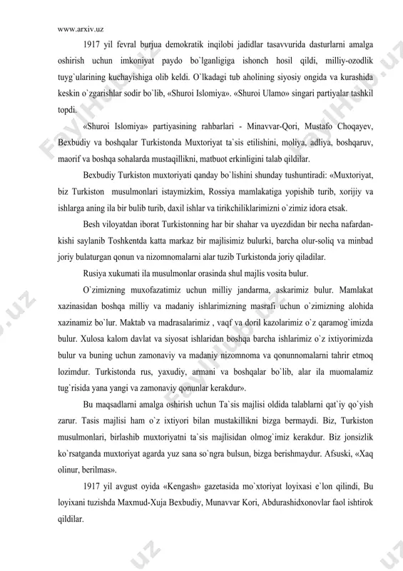 i saylanib toshkentda katta markaz bir majlisimiz bulurki, barcha olur-soliq va minbad joriy bulaturgan qonun va nizomnomalarni alar tuzib turkistonda joriy qiladilar. rusiya xukumati ila musulmonlar orasinda shul majlis vosita bulur. o`zimizning muxofazatimiz uchun milliy jandarma, askarimiz bulur. mamlakat xazinasidan boshqa milliy va madaniy ishlarimizning masrafi uchun o`zimizning alohida xazinamiz bo`lur. maktab va madrasalarimiz , vaqf va doril kazolarimiz o`z qaramog`imizda bulur. xulosa kalom davlat va siyosat ishlaridan boshqa barcha ishlarimiz o`z ixtiyorimizda bulur va buning uchun zamonaviy va madaniy nizomnoma va qonunnomalarni tahrir etmoq lozimdur. turkistonda rus, yaxudiy, armani va boshqalar bo`lib, alar ila muomalamiz tug`risida yana yangi va zamonaviy qonunlar kerakdur». bu maqsadlarni amalga oshirish uchun ta`sis majlisi oldida talablarni qat`iy qo`yish zarur. tasis majlisi ham o`z ixtiyori bilan mustakillikni bizga bermaydi. biz, turkiston musulmonlari, birlashib muxtoriyatni ta`sis majlisidan olmog`imiz kerakdur. biz jonsizlik ko`rsatganda muxtoriyat agarda yuz sana so`ngra bulsun, bizga berishmaydur. afsuski, «xaq olinur, berilmas». 1917 yil …