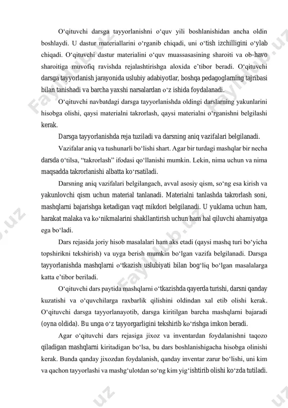 oʻqituvchi dars rejasiga jixoz va inventardan foydalanishni taqozo qiladigan mashqlarni kiritadigan boʻlsa, bu dars boshlanishigacha hisobga olinishi kerak. bunda qanday jixozdan foydalanish, qanday inventar zarur boʻlishi, uni kim va qachon tayyorlashi va mashgʻulotdan soʻng kim yigʻishtirib olishi koʻzda tutiladi. darsda inventarlardan aniq tartibda foydalanish juda kata tarbiyaviy ahamiyatga ega. har bir oʻqituvchi darsning borishi, darsda oʻquvchi faoliyatining barcha jixatlarini, darsning butun mazmuni va uni oʻtkazish usullariga muvofiq dars konspektini tuzishi kerak. u oʻqituvchining tajribasiga va maxoratiga karab koʻp yoki oz darajada toʻla va keng boʻlishi mumkin. konspektni oʻqituvchi darsni yaxshiroq oʻtkazish uchun tuzadi. har bir jismoniy tarbiya darsi qoʻyidagi talablarga javob berishi kerak: - muayyan umumiy va xususiy vazifaga ega boʻlishi lozim. umumiy vazifalar barcha dars yoki darslar turkumi jarayonida, xususiy vazifalar esa aloxida olingan bir dars mobaynida bajarilishi kerak; - dars uslubiy jixatdan toʻgʻri qurilgan boʻlishi lozim; - oldingi mashgʻulotlarni izchil davom ettirishi va ayni paytda yaxlit va tugallangan …