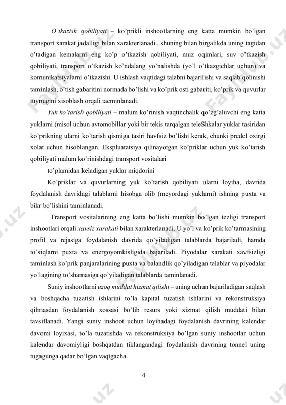 i. suniy inshootlarni uzoq muddat hizmat qilishi – uning uchun bajariladigan saqlash va boshqacha tuzatish ishlarini to’la kapital tuzatish ishlarini va rekonstruksiya qilmasdan foydalanish xossasi bo’lib resurs yoki xizmat qilish muddati bilan tavsiflanadi. yangi suniy inshoot uchun loyihadagi foydalanish davrining kalendar davomi loyixasi, to’la tuzatishda va rekonstruksiya bo’lgan suniy inshootlar uchun kalendar davomiyligi boshqatdan tiklangandagi foydalanish davrining tonnel uning tugagunga qadar bo’lgan vaqtgacha. uzoq muddat xizmat ko’rsatish ularni xizmat qilish muddati va bor materiallarni tanlash ga bo’lgan talablarni bajarishda taminlanadi va loyiha echiladi. suniy inshoot uzoq muddat xizmat ko’rsatishi ularni ko’p yashashiga sezilarli tasir ko’rsatuvchi uning malum bir qismlari va elementlari buzilganda ko’tarish qobiliyatini saqlab qolish xossasi. 2. ko’prikli inshootlar va quvurlarni loyixalash ketma-ketligi. suniy inshootlarni loyixalashtirish bilan, loyiha smeta hujjatlarini tasdiqlash va muvofiqlashtirish rossiya federatsiyasida qabul qilingan qurilish normalari va qoidalari (qmq)11-01-95, bunga asosan qurilish inshootlari loyixalash bir yoki ikki bosqichda olib boriladi. har qanday bosqichda loyihada ishlab berishda …