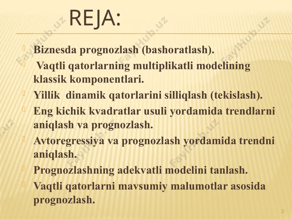 a-ketligi asosida yig’ilgan sonli qatorlar (malumotlar)dir. vaqtli qator(time series) ni tahlil qilish usuli sonli o’zgaruvchilarning o’tmishi va kelajagi asosida uning ko’rsatkichini (mohiyatini) bashoratlash imkoniyatini beradi. masalan: nyu-york fond birjasida aktsiyalarning har kungi kotirovkasi-vaqtli qatorni beradi. vaqtli qatorlarga boshqa bir misol qilib, istemol narxlar indeksining har oylik ko’rsatkichlarini, yaimning har chorakdagi o’lchamini kabilarni ko’rsatish lozim. bog’liqlikning sabab- oqibatlarini (causal forecasting method ) tahlil qilish usuli- prognoz qilinayotgan o’zgaruvchining ko’rsatkichlariga qaysi omillar tasir qilishini aniqlash imkoniyatini beradi. bu usullar qatoriga : ko’pfaktorli regressiya tahlili, ekonometrik modellash, eng oldi indikatorlar tahlili kabi usullar kiradi. . 4 vaqtli qatorlarni tahlil qilishning o’ziga xos xususiyati shundaki, tadqiqot qilinayotgan obektga hozir va o’tmishda tasir etuvchi omillar kelajakda ham tasir etadi. demak, vaqtli qatorlarni tahlil qilishning asosiy maqsadi shuki, prognozlashga (bashoratlashga) tasir etuvchi omillarni aniqlash va identifikatsiyalash. bu maqsadga erishish uchun ko’pgina matematik modellar ishlab chiqilgan. bu modellar vaqtli qatorlar modeliga kiruvchi komponentlarning o’zgaruvchanligini tadqiq qilishga asoslangan. …