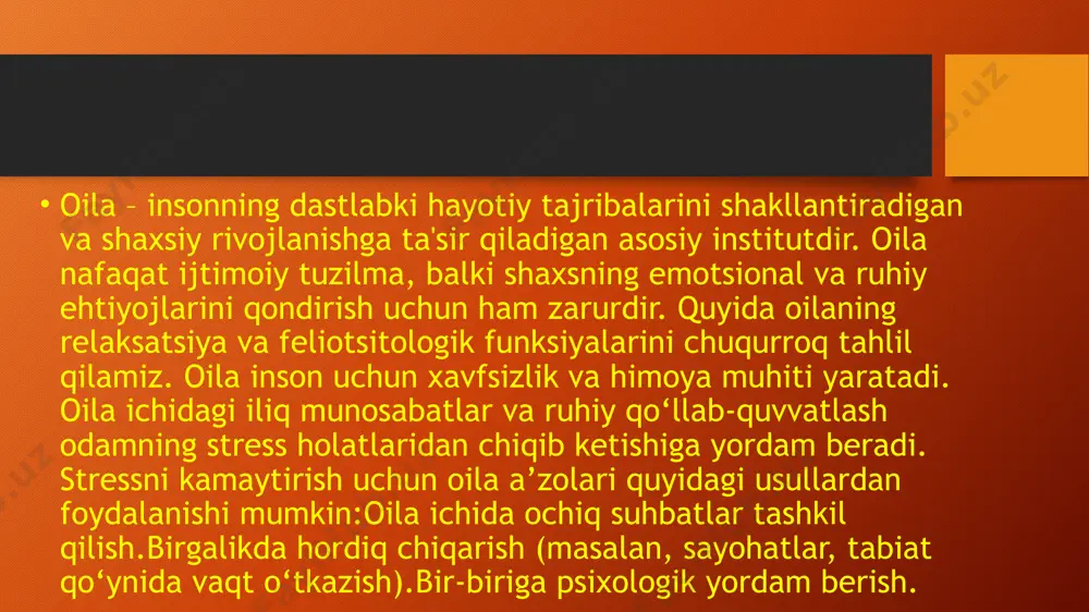 har bir shaxs o’z oilasida baxtli bo’lishga haqli. shu sababli oila o’z a’zolarining baxtli bo’lishi uchun sharoit yaratib bera olishi zarur. oilaning funksiyalarini amalga oshirishdagi qiyinchiliklarstressli hayot tarzi va vaqt yetishmasligi.aloqalar va tushunmovchilik muammolari.iqtisodiy qiyinchiliklar.4. funktsiyalarni rivojlantirish bo‘yicha takliflaroila a’zolari o‘rtasida muntazam suhbatlar va emotsional qo‘llab-quvvatlashni rivojlantirish.oilaviy tadbirlar va birgalikdagi faoliyatlarni tashkil qilish.ruhiy va jismoniy sog‘lom hayot tarziga amal qilish. xulosa oilaning relaksatsiya va feliotsitologik funksiyalari inson hayoti sifatini oshirishda muhim ahamiyatga ega. tinchlik, mehr, hamjihatlik va bir-biriga hurmat bilan yondashish oilaning ushbu funksiyalarini muvaffaqiyatli amalga oshirish uchun zarur shartlardir. oila nafaqat shaxsiy, balki jamiyat rivojlanishining ham asosiy omillaridan biridir. adabiyotlar: 1. oila psixologiyasi bo‘yicha ilmiy maqolalar. 2. sotsiologiya asoslari bo‘yicha darsliklar. 3. oila ijtimoiy institut sifatida (mahalliy va xalqaro tajriba). image2.png image3.png image4.jpeg image5.jpeg image6.jpeg image7.jpeg image1.png /docprops/thumbnail.jpeg