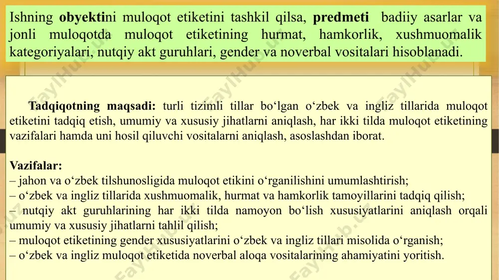 xon, -oy, -jon, -bek -boy kabilardir. “bu kishi kimingiz bo‘ladilar, bek aka” (a.qodiriy “o‘tgan kunlar”) “ leksik usul – hurmat ma’nosini ifodalovchi ot, sifat, olmosh, fe’l so‘z turkumlariga kiruvchi so‘zlardan unumli foydalaniladi. misol uchun, muhtaram, hurmatli, aziz, qadrli, qadrdon, hurmat qilmoq, e’zozlamoq, qadrlamoq, ulug‘lamoq kabi so‘zlarning muloqot jarayonida qo‘llanilishi so‘zlovchining xulqini va uning tinglovchiga hurmat ko‘rsatayotganligini ifodalaydi. “muhtaram prezidentimiz har bir hudud, budjet mablag‘larini olib ishlatuvchi, har bir tashkilot har bir so‘mga qat’iy mas’ul ekanligini ta’kidladilar”(gazeta.uz). “qadrli o‘qituvchi va murabbiylar, aziz o‘quvchilar, hurmatli ota-onalar! mana yana bir o‘quv yilini boshlab oldik” (gazetadan). ingliz tilida: “ sintaktik stilistik usul – so‘z birikmalari va gaplarni, shuningdek ayrim iboralarni hurmat ma’nosini ifodalash uchun qo‘llashdir. xususan, janobi oliylari, ko‘pchilik hurmat qiladigan inson, qadrdon o‘quvchimiz kabi so‘z birikmalari va “boshiga ko‘tarmoq”, “ko‘nglini ko‘tarmoq”, “ko‘kka ko‘tardi”, “soyasiga ko‘rpa solmoq”, “soyasiga ko‘rpa to‘shamoq”, “soyasiga salom bermoq” kabi fraziologizmlarni misol qilib keltirimiz mumkin. “u onasini doim e’zozlab, boshiga …