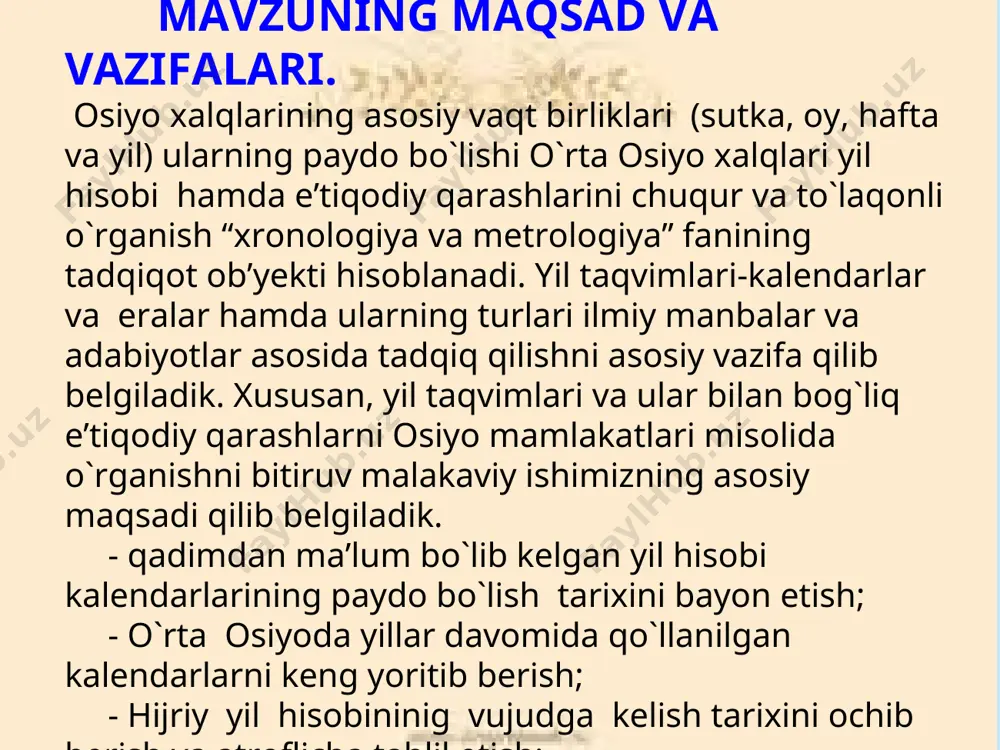 haqida gapirib “turk jadvali” degan sarlavha ostida o`n ikki hayvon nomi bilan ataladigan o`n ikki yillik muchal hisobining nomlarini ham keltiradi: 1.sichqon 5.luy (baliq) 9.pichin (maymun) 2.ud (sigir) 6.yilon (ilon) 10.tovuq 3.bars 7.yunt (ot) 11.it 4.tovushqon (quyon) 8.qo`y 12.to`ng`iz turkiy xalqlar taqvimidagi o`n ikki oy nomini beradi: qadimgi gruzin kalendari qamariy yilga asoslangan edi. qamariy yil eramizning 1 asrigacha 12 oy 30 kun (360 kun 1 yilda) dan bо`lib, keyin shamsiy yil bilan almashdi. 12 oydan keyin oddiy yilga 5 kun yoki kabisa yilga 6 kun kо`shilib, gruzin yilining davomiyligi yulian yiliga muvofiq kelgan. yil avgustdan boshlangan, oylar gruzincha nomga ega bо`lgan. oylar rimcha nomlanishi vii-viii asrlarda gruziyada ham tarqala boshladi. qadimgi gruziyada sanalar hisobining turli xili uchraydi. “dunyoning paydo bо`lishi” erasi bilan bog`liq bо`lgan yil hisobi kо`p qо`llanilgan. “xristosning tug`ilishi” bilan boshlangan bizning erani 1 yili “dunyoning paydo bо`lishi”dan gruzin erasining 5605 yiliga tо`gri keladi.49 ikki era о`rtasidagi farq …