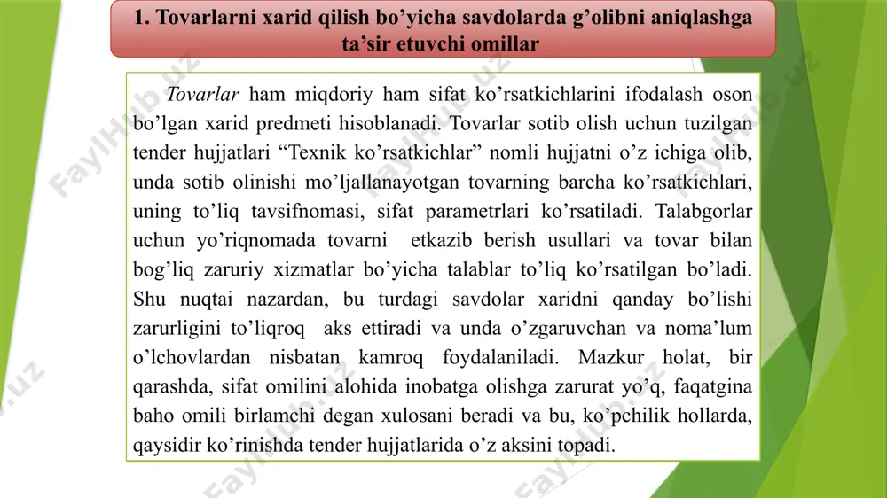 yicha shartnomalar uchun takliflarni baholash faqatgina pul ko’rinishida amalga oshiriladi....” deb aniq keltirib o’tilgan. va keyingi 2.58 punktda: “...buyurtmachi, o’rnatilgan standartlarga mos imkoniyatlar va resurslarga ega bo’lgan savdo ishtirokchisi bilan shartnoma tuzadi. bunday taklif: 1) savdo hujjatlarida ko’rsatilgan talablarga javob berishi; 2) eng past baholash qiymatiga ega bo’lishi zarur.....”. 2. ishlarni xarid qilish bo’yicha savdolarda g’olibni aniqlashga ta’sir etuvchi omillar vazirlar mahkamasining "kapital qurilishda tanlov savdolari tizimini takomillashtirish chora-tadbirlari to’g’risida" 2003 yil 3 iyuldagi 302-son qarori bilan tasdiqlangan "o’zbekiston respublikasi hududida kapital qurilishda tanlov savdolari to’g’risida nizom"ga asosan amalga oshiriladi. bunday turdagi tanlovda sifat omilining usutvorligini quyidagi: “...savdo ishtirokchilariga qo’yiladigan talablarga amal qilinganligi (litsenziya, etarli ish tajribasining borligi, moliyaviy holati, texnika bilan jihozlanishi, savdoning aniq inshootlariga qarab boshqa malaka talablari)”, yoki: “...takliflarni texnik va moliyaviy baholashda mezonlarni qo’llashning xolisligi va ularning ahamiyati” punktlarda kuzatish mumkin. ishlarni xarid qilish bo’yicha savdolarda g’olibni aniqlashga ta’sir etuvchi omillar pudrat ishlari buyicha tanlovlarni tashkil …