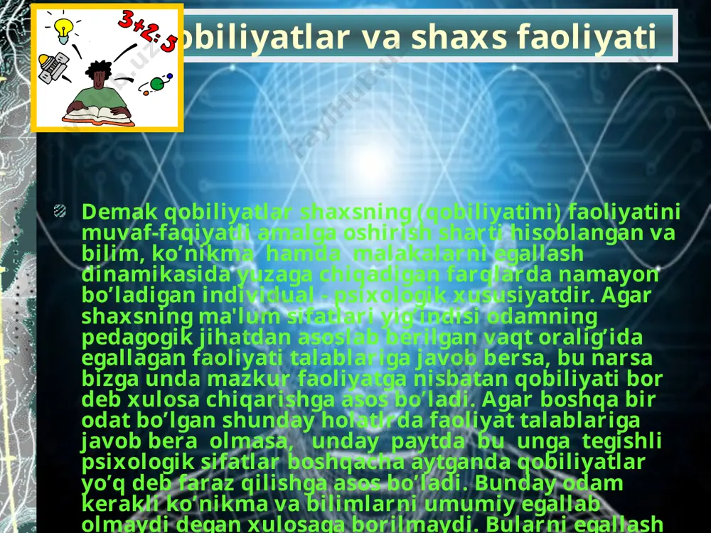 tarixida avval hunarga, so‘ngra turli kasblarga tomon rivojlangan qobiliyatlardir. ular professional, o‘ziga xos maxsus, alohida qobiliyatlar deyiladi. qobiliyatning tabiiy zaminini tashkil qiluvchi tug‘ma xususiyatlar orasidan nihoyatda katta ahamiyatga ega bo‘lganlari yuksak nerv faoliyati tiplarini farq qiladigan alomatlardir, ya’ni qo‘zg‘alish va tormozlanish jarayonlarining quvvati, muvozanati va ildamligidir. shu sababdan odamning qobiliyat va iste’dodi unga tug‘ma xos bo‘lgan yuksak nerv faoliyati tipi bilan mahkam bog‘langan bo‘ladi. ammo yuqorida aytilganidek, nerv faoliyatining tug‘ma xos tipi sira o‘zgarmay, bir zaylda qoladigan narsa emas, u odamning yashagan sharoitiga bog‘liq holda o‘sadi, o‘zgaradi. shuning uchun ham yuksak nerv faoliyatining tug‘ma bo‘lgan tipini turlanish sharoiti ta’siri bilan vujudga kelgan tipdan ajrata bilish lozim. image1.png audio1.wav image4.wmf image5.wmf image6.wmf image7.jpeg image8.wmf image9.wmf image10.wmf image11.wmf image2.png image3.png image12.jpeg image13.wmf image14.wmf image15.wmf image16.wmf image17.wmf image18.jpeg image19.wmf image20.wmf image21.jpeg /docprops/thumbnail.jpeg