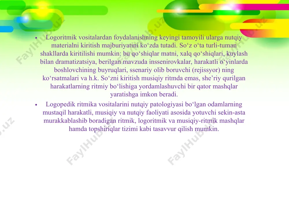 ngining kuchayishi bilan harakat kuchining ham ortib borishiga qarashadi. bolalar xona bo‘ylab erkin holatda va qo‘l harakatlarini bajarganda bir-birlariga tegib ketmaydigan darajada joylashib oladilar. boshlang‘ich holat – qo‘llar yon tarafga ochilgan. 1-8 taktlar: qo‘llar gavda oldida tebratiladi, toq taktlarda ochiladi. 9-16 taktlari: «tegirmon» – har bir taktda bolalar havoda katta doiralar chizadilar. oldinga –yuqoirga orqaga pastga. mashg‘ulot qo‘llarni havoda o‘ynatish harakatlari malakasini takomillashtiradi. bolalarning diqqat-e’tibori musiqa kuyining birinchi va ikkinchi qismlaridagi turli xil ritmlarga qaratiladi. (mashg‘ulot muallifi –s. rudneva. t. lomovaning «tegirmon» musiqasi).1-variant topshiriqlarga qo‘shimcha: bolalarga musiqa ohangining kuchayishi bilan qo‘l harakatlari kuchi va qulochini ham sekin-asta uzluksiz orttirib borish o‘rgatiladi. bolalarning joylashish holati yuqoridagiday. 1-8 taktlari: bolalar qo‘llarini yengil tebratadilar: toq taktlarda oldinga, juft taktlarda orqaga. 9-12 taktlar:bolalar qo‘llarini aylana shaklida oldinga va yuqoriga harakatlantiradilar, shu bilan birga, tizzalar yengil prujinasimon egilishda bo‘ladi. 13-15 taktlar: qo‘llarni har bir bola harakat kuchini orttirib boradi, bir vaqtning o‘zida prujinasimon harakatlar bilan …