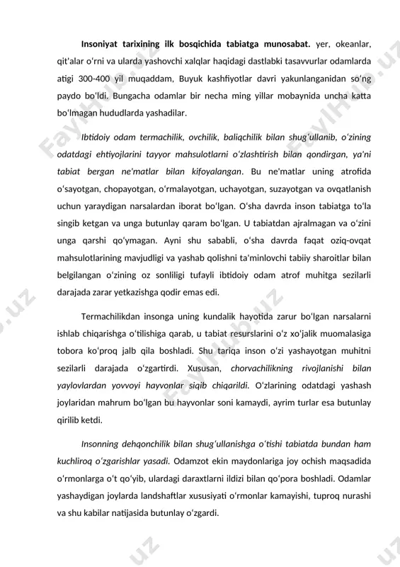 hu kabilar natijasida butunlay o‘zgardi. keyinchalik ariqlar va sug‘orish tizimlari qurilib, yer osti boyliklari izchil qazib olina boshlagach, tabiatdan foydalanish darajasi kengaydi. temir paydo bo‘lishi bilan insonning texnik imkoniyatlari keskin ortdi, mehnat qurollari takomillashtirildi, yanada murakkabroq muhandislik va sug‘orish inshootlari paydo bo‘ldi. inson tabiatni asta-sekin o‘ziga qarshi tashqi kuch sifatida idrok etib, tabiat bilan ayniy mavjudotdan undan farq qiladigan mavjudotga aylanib bordi. toshqinlar, yong‘inlar, qurg‘oqchiliklar, sovuqgarchiliklar, bo‘ronlar va zilzilalar insonning yashovchanlik qobiliyatini sinovdan o‘tkazdi, uni shafqatsiz stixiyaga qarshilik ko‘rsatish usullarini izlashga majbur qildi. xavfdan saqlanish va o‘zini himoya qilish imkoniyatlarining ozligi insonda qo‘rquv va ishonchsizlik, qudratli tabiatga butunlay qaramlik tuyg‘ularini uyg‘otdi. bunday kayfiyat insonni ming yilliklar mobaynida ta'qib qildi va qadimgi xalqlarning turli miflari va afsonalarida, shuningdek ularning dastlabki diniy tasavvurlarida o‘zining yorqin ifodasini topdi. xususan, so‘nggi zikr etilgan tasavvurlarda quyosh, oy va ayrim predmetlar alohida o‘rin egalladi, ularga sig‘inish talab etildi. chaqmoq, yashin, bo‘ron kabi tabiiy hodisalar inson tabiatga …