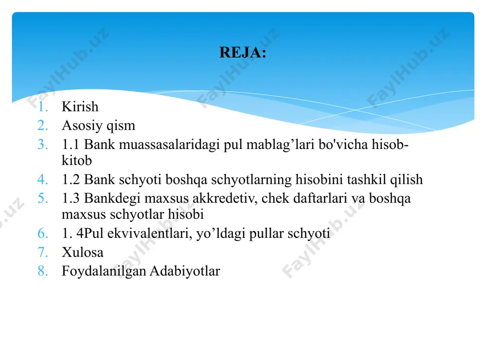 mehnatga haq to’lash hisobi, moliyaviy natijalar hisobi va boshqa mavzular keng yoritilgan. xo’jalik yurituvchi sub’ektlar o’zlarining bo’sh (vaqtincha ishlatilmayotgan) pul mablag’larini bankda saqlashlari shart. xo’jalik hisobidagi o’zining oborot mablag’lariga va mustaqil balansiga ega bo’lgan xo’jalik yurituvchi sub’ektlar uchun bank hisob-kitob schyoti ochadi. ushbu hisob-kitob schyotidan pul mablag’larini boshqa hisob-kitob schyotiga o’tkazib qo’yish yo’li bilan naqd pulsiz hisob-kitob ishlari amalga oshiriladi. hisob-kitob schyotidagi pul mablag’larining xarajatlanishi yoki o’tkazilishi xo’jalik yurituvchi sub’ekt, ya’ni uning egasining ruxsati bilan amalga oshiriladi. ayrim hollarda hisob-kitob schyotidan pul mablag’i xo’jalik yurituvchi sub’ekt ruxsatisiz xarajatlanishi mumkin; masalan, arbitraj sud buyruqlari asosida, byudjetga soliq va to’lovlami o’z vaqtida to’lanmagan bo’lsa va hokazo. bank xo’jalik yurituvchi sub’ekt pul mablag’larining to’g’ri xarajatlanishi, ya’ni belgilangan maqsadga xarajatlanishi ustidan nazorat olib boradi. 1.bank muassasalaridagi pul mablag’lari bo'vicha hisob-kitob. xo’jalik yurituvchi sub’ektning asosiy faoliyat yuzasidan hisob-kitob schyotiga mablag’ quyidagi hollarda kelib tushadi: xaridorlarga sotilgan mahsulot uchun; xaridorlarga sotilgan ortiqcha tmzlar, asosiy vositalar, nomoddiy …