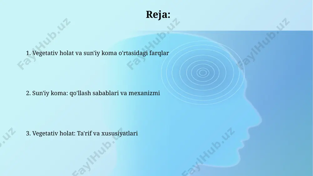 digan gipoksiya yoki insult natijasida yuzaga kelishi mumkin, xususan, aqsh statistikasiga ko'ra. prognoz va reabilitatsiya qo‘zg‘atuvchi komatoz holatidan keyin bemorning tiklanish ehtimoli turli omillarga, shu jumladan, komatoz davomiyligiga, asosiy kasallikning og‘irligiga va yoshga bog‘liq bo‘lib, 5-10% hollarda to‘liq tiklanish kuzatiladi, ammo bu jahon miqyosida o‘rtacha ko'rsatkich bo'lib, o'zbekiston sharoitida farq qilishi mumkin. reatsiyaning intensivligi va davomiyligi prognozni aniqlashda muhim ahamiyatga ega. masalan, 6 oy davomida hech qanday sezilarli o'zgarishlar kuzatilmasa, to'liq tiklanish ehtimoli juda past, taxminan 1% atrofida bo'ladi. bu statistikaga ko'ra, jahon sog'liqni saqlash tashkiloti tavsiyalariga amal qilish muhim. qo'zg'atilgan koma va vegetativ holat o'rtasidagi farq vegetativ holatda bemor muhitga reaksiya bermaydi, nafas oladi va yuragi uradi, lekin ongi yo'q, qo'zg'atilgan koma esa tibbiy vositalar yordamida boshqariladigan va vaqtinchalik holatdir, masalan, aqshdagi klinikalarda keng qo'llaniladi. qo'zg'atilgan koma, miya faoliyatining 1-2 hafta davom etadigan sun'iy ravishda susaytirilgan holati bo'lib, bosh miya shikastlanishi yoki jarrohlik amaliyotlaridan keyin qo'llaniladi, vegetativ holat esa …