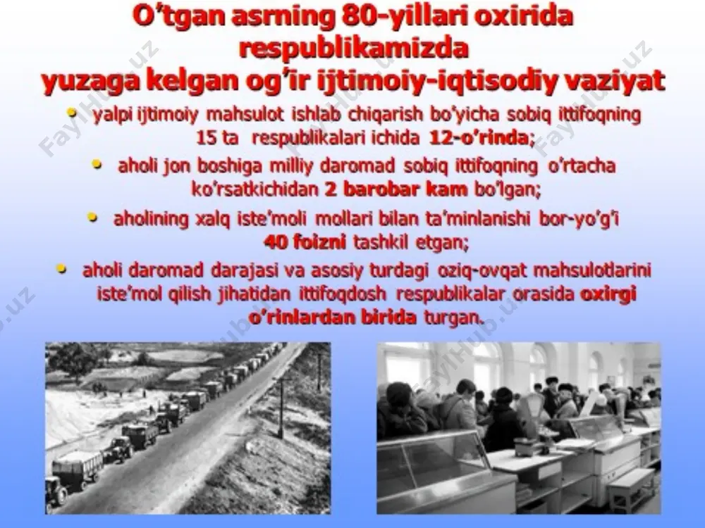 bekistonning yangi rahbariyati respublikani chuqur iqtisodiy inqirozdan olib chiqish uchun jiddiy harakat boshladi. mustaqillikka harakat davrida ma’naviyat 80-yillar o’rtalaridan qayta qurish tufayli teatrda real hayotga murojaat qilish hollari ko’rina boshladi; shukrullo, said ahmad, e.vohidov, o’.hoshimovlarniing asarlarida ma’muriy-buyruqbozlik davrida respublikada paydo bo’lgan nosog’lom muhitni yoritishga keng o’rin berildi; i.sultonning «qodiriyning o’tgan kunlari», sh. boshbekovning «temir xotin» asarlari shuhrat qozondi; surxondaryo, qo’qon, namangan teatrlarida ham mukammal asarlar sahnaga qo’yildi; qashqadaryo viloyati musiqali va drama teatrida vujudga kelgan axloqiy-ruhiy holat natijasida bu teatrdan yosh rejissyor a. abdunazarov boshchiligida bir guruh ajralib chiqib «muloqot» teatr studiyasini tashkil etishi, iqtidorli rejissyor b.yo’ldoshev bilan birga bir guruh yosh, iste’dodli aktyorlarning hamza teatridan «yosh gvardiya» teatriga o’tib ketishi teatr san’atida demokratik jarayonlarning boshlanganidan dalolat beradi; 1986-1990 yillarda o’zbekiston milliy madaniyatining rivojlanishida ma’lum siljishlarga erishildi; 80-yillar o’rtalarida navro’z milliy bayrami va islomga qarshi rasmiy harakatlar misolida yaqqol ko’rindi; 1987 yil o’zbek tilida asarlar chop etish 1980 yildagiga nisbatan …