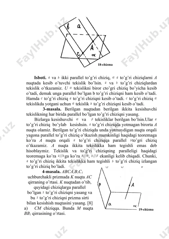 cd//mk, do1//mo bo’lgani uchun o1c//ok, ok (aa1bb1)=o, ok (aa1bb1) dan ok (abc)=k, ok (aa 1cc1)=k, ok (a1b1c1)= ø c) b1p to’g’ri chiziqqa. bunda p nuqta cc1 qirraning o’rtasi. yasash. b1p va k nuqta shu tekislikda yotadi. k nuqtadan b1p ga parallel ko ni yasaymiz va quyidagilarni hosil qilamiz. ok (aa1bb1)=o ok (abc)=k ok (aa1cc1)=k ok (a1b1c1)= ø ok (bb1cc1)= ø d) nw chiziqqa. bunda m nuqta bb kesma o’rtasi, w nuqta ab kesma o’rtasi. yasash. m va w nuqtalarni belgilab, m,w,k nuqtalar ustidan o’tuvchi (mwkk1) tekislikni yasaymiz. k nuqtadan mw ga parallel kq ni o’tkazamiz.mw//kq bo’ladi. (kq) (bb1cc1)=q (kq) (abc)=k (kq) (aa1cc1)=k (qk) (a1b1c1)= ø (qk) (bb1aa1)= ø ekanligini kelib chiqadi. e) b1o chiziqqa. bunda o nuqta abc yoqning og’irlik markazi. yasash. b1o to’g’ri chiziq orqali o’tuvchi (bb1cc1) tekislikni yasaymiz. k nuqtadan b1o ga parallel mk to’g’ri chiziqni yasaymiz. mk//bo1 bo’ladi. mk (a1b1c1)=m, mk (aa1cc1)=k mk (abc)=k, mk (aa1bb1)=mk (bb1cc1)= …