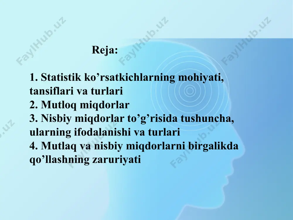 i aks ettirib, o’zaro bog’langan miqdor va sifat tomonlarga egadir. masalan, korxona xarajatlarini olaylik. uning miqdor tomoni ma’lum bir summa hisoblanadi. sifat tomoni, korxona xarajatlariga qanday xarajatlar qo’shiladi va qanday xarajatlar qo’shilmaydi. buni bilish uchun xarajatlarning iqtisodiy tabiatini va maxsus hujjatlar (yo’riqnomalar)ni o’rganish talab etiladi. statistik ko’rsatkichlar tegishliligi bo’yicha bilish, boshqarish, ayrimlari rag’batlantirish funktsiyalarini bajaradi. statistik ko’rsatkichlarning bilish funktsiyasini mohiyati shundan iboratki, ular o’rganilayotgan hodisa va jarayonlarni holati va rivojlanishini, yo’nalishi va intensivligini tavsiflaydi. boshqarish funktsiyasida ular (ko’rsatkichlar) boshqarishning muhim elementlariga aylanadilar. bozor iqtisodiyoti sharoitida bu funktsiyaning roli yanada ortadi. masalan, shartnomalarning bajarilishi, jismoniy va yuridik shaxslarga ko’rsatiladigan xizmatlar sifatining oshishini tavsiflovchi ko’rsatkichlar korxonaning imidjiga katta ta’sir ko’rsatadi. har bir menejer bu ko’rsatkichlarni yaxshilashga harakat qiladi. tuzilgan va hisoblangan statistik ko’rsatkichlar ob’ektiv haqiqatni ifodasi bo’lib qolmasdan, ular bir-biriga bog’liq hamdir. statistik ko’rsatkichlar o’zaro: semantik; stoxastik; funktsional bog’liqdir. statistik ko’rsatkichlarni semantik o’zaro bog’liqligi deganda ularni o’zaro ma’naviy bog’liqligi tushuniladi. stoxastik- bu …