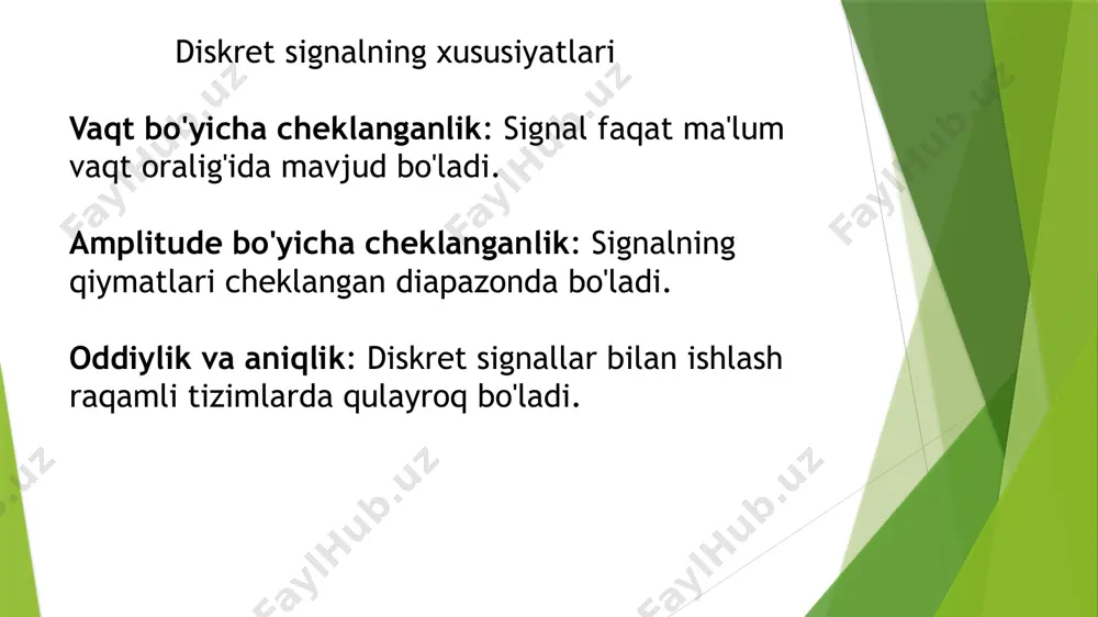 ymatlari vaqt va amplituda bo‘yicha cheklangan bo‘lgan, ma’lumotlarni raqamli shaklda ifodalash, uzatish va qayta ishlash uchun ishlatiladigan signallar turidir. ular analog signallarning raqamli muqobili bo‘lib, zamonaviy texnologiyalarda keng qo‘llaniladi. etiboringiz uchun rahmat /docprops/thumbnail.jpeg