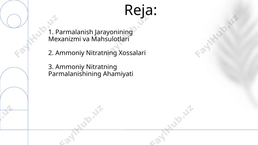 reaksiyasi neytral yoki biroz kislotali bo'ladi. uning kimyoviy formulasi nh₄no₃ bo'lib, molekulyar massasi 80,04 g/mol ni tashkil etadi. ammoni nitrat kuchli oksidlovchi hisoblanadi va organik moddalar bilan aralashganda portlovchi xususiyatlarga ega. ammoni nitratning kristall panjarasi ortorombik tuzilishga ega va uning issiqlik sig'imi 1,23 kj/(kg·k) atrofida o'zgaradi. uning erish issiqligi esa 333 kj/kg ga yaqin. 4. ammoniy nitratning fizikaviy va kimyoviy xossalari uning parchalanish mahsulotlari, azot oksidlari (nox) va suv bug'lari, atrof-muhit ifloslanishiga hissa qo'shadi, shuning uchun uning qo'llanilishini ekologik jihatdan nazorat qilish zarur, masalan, nox chiqindilarini kamaytirish texnologiyalaridan foydalanish orqali. ammoniy nitratning nazoratsiz parchalanishi, masalan, yong'inda yoki noto'g'ri saqlashda, kuchli portlashga olib kelishi mumkin, bu esa katta miqdordagi zarar va halokatlarga olib keladi, shuning uchun uning xavfsiz saqlanishi va ishlatilishi muhim. ammoniy nitratning parchalanishi portlovchi moddalar, o'g'itlar va boshqa kimyoviy mahsulotlar ishlab chiqarishda muhim ahamiyatga ega bo'lib, uning ekzotermik reaksiyasi natijasida 1700 kj/mol gacha energiya ajralib chiqadi. 5. ammoniy nitrat …