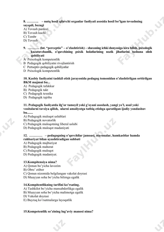 alikning biri u … a) yashash b) mehnat c) rohat d) hayot 17. kompetentlikga oyid bu fikir ilk bor qachon patdo bo’lgan ? a) xix asr 80 yillarda b) xx asr 60 yillarda d) xix – xx asr 70 yillarda e) xx asr 80 yillarda 18. kompetentlik tuhunchasi ilk bor qaysi davlatda paydo bo’ldi? a) aqsh b) xitoy c) yevropa d) fransiya 19.yunesko xujjatlarida qanday kompetentlikga katta etibor qaratiladi? a) zamonviy b) maxsus c) xalqaro d) global 20. kasbiy kompetentlik bu…. a) kutlmagan vaziyatda o’zini tutish b) muloqotga kirishish c) o’z imkonyatlarini aniq va mukammal bajara olish d) kutilmagan harakat rejasi 21. clever so’zining manosi a) aqilli b) bilimli c) dono d) epchil 22. kompetentlikning 4 ta tayanchini sanang a) bilish yashash ishlash tirikchlik qilish b) munosabat ko’nikma muloqot c) o’rganish ko’nikma ishlash tajriba d) tamoyil vazifa yashash harakat 23. kasbiy kompetentlikning sifatlari nechta? a) 6ta b) 5ta d) 8ta …