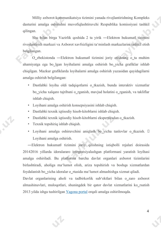 adbirkorlarga davlat organlari xizmatlaridan elektron shaklda foydalanish, davlat organlariga o‗z faoliyatlarini optimallashtirish, samaradorligini oshirish imkoniyati yaratiladi. 2013-2020 yillarda o‗zbekiston respublikasida telekommunikatsiya texnologiyalari, tarmoqlari va aloqa infratuzilmasini rivojlantirish dasturi o‗zbekistonda axborot jamiyatini yanada rivojlantirish, mamlakatning jahon axborot makoniga yanada integratsiyalashuvida yangidan-yangi imkoniyatlarning yaratilishida muhim huquqiy hujjat bo‗lib xizmat qiladi. bitiruv dolzarbligi: bugungi kunda butun dunyoda mobil qurilmalardan foydalanuvchilarning soni kundan-kunga ortib bormoqda. birgina fakt: 2016yilning boshiga qadar butun dunyo bo‘yicha sotilgan android platformasida ishlaydigan qurilmalardan 2,0 mlrd dan oshiqrog‘i sotilgan. mobil qurilmalar bilan birga mobil ilovalar bozori ham kengayib bormoqda. yurtimizda ham mobil qurilmalar uchun ilovalr yaratuvchi dasturchilarni tayyorlash borasida ko‘plab ishlar amalga oshirilmoqda. bunga misol sifatida yurtimiz oliy o‘quv yurtlarida mobil qurilmalarda ilovalar yaratish fanining o‘qilayotgani, o‘tkazilayotgan tanlovlarni olishimiz mumkin. mazkur bitiruv malakaviy ishida ―electron hukumat‖ kursi boyucha mobil qurilmalar mo‘ljallangan ilova yaratish bo‘yicha izlanishlar olib borildi va amaliy ish sifatida ―electron hukumat‖ mobil electron qo‘llanmasi yaratildi. bitiruv malakaviy ishining …