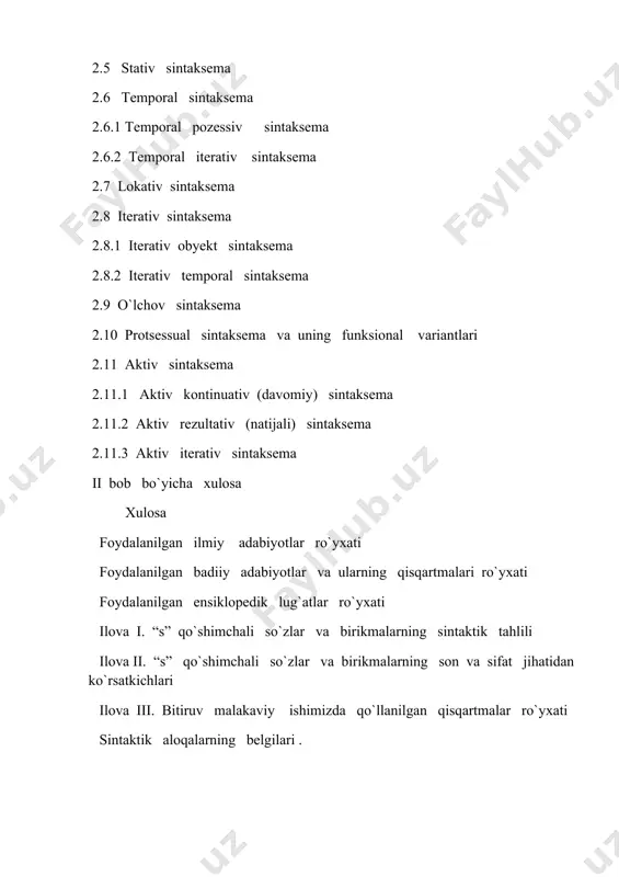 stikaning murakkab muammolaridan biri bo`lgan leksik – semantik birikmalarning sintaktikasi va funksiyasining muammosiga bag`ishlangan. hamda bu qo`llanma professor a.m. muxinning ilmiy izlanishida har taraflama tekshirib o`rganilgan komponent va sintaksem tahlil nazariyasi asosida yozildi. bu ishda “s” qo`shimchali so`zlar va birikmalarning holatini aniqlash uchun turli xil eksperimentlardan keng ko`lamda foydalanildi. bitiruv malakaviy ishning maqsadi “s” qo`shimchali so`zlar va birikmalarning sintaktik – semantik tomondan analiz qilish va ularning sintaktik o`rnini aniqlash, ularni qanday so`z turkumlari bilan bilan birikishini tekshirishdan iborat. ishning e`tiborli tarafi shundaki, avvalombor biz tahlil qilayotgan lingvistik birlik ishtirok etgan so`zlar va birikmalar zamonaviy ingliz tilida keng qo`llanib kelinmoqda, shuningdek bunday so`zlar va birikmalarning o`ziga xos xususiyatlari bitiruv malakaviy ishimizning asosi bo`lib, bunda nazariy bilimlar jahon adabiyotidan olingan misollar orqali yaqqol ifodalab berilgan. ushbu bitiruv malakaviy ishning dolzarbligi shundaki, ushbu ishda biz “s” qo`shimchali so`zlar va birikmalarning sintaktik va sintaktik – semantik tahlilini o`rganish jarayonida uni boshqaruvda tutgan o`rni naqadar …