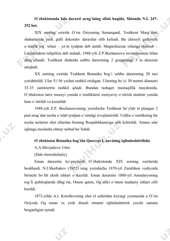 obov (1935), rusanov (1939), yurkivich (1951) voznesenskaya (1954) besschetnov (1956) fishkin (1957) dosaxmetov (1967), andreychenko (1978) va boshqalar ham bu haqida yozib o`tishgan va tekshiruvlar olib borishgan. hozirgi paytda beshkent shahrining parkida, k.marks proletarskaya ko`chalarida, pionerlar uyi yonida 1896-1890 yilda ekilgan eman daraxti bor. q.robug turi kuzatildi. kashtansimon eman, toshsimon eman turlari haqidagi qo`lyozmalarni samarqand shahrida kuzatuvlar olib borgan a.b.gurskiy (1935) tomonidan ko`rsatib o`tilgan. 1951 yil m.s.yurkiyevich samarqandda gilossimon emandan tashqari q.pubescens, w. pedunuciflor va q.robur. war filicifolia. f.n.rusanov (1966) q.robur. t. fasitigiata (lam). kolonnasimon eman 1917 yil o`rta osiyoda iqlimlashtirilgan. bitta eman daraxtigina beshkent shahrida sovetskiy ko`chasida o`sib, rivoj topganligi yoziladi. i.m.nabiyev va r.y.kazakbayeva 1975 qo`lyozmasi bo`yicha birinchi bo`lib xix asrda kashtansimon bargli eman daraxti beshkent shahrida iqlimlashtirilgan. lekin ko`p o`tmay (f.n.rusanov) 1954 yil noyabrda bu daraxt nobud bo`lgan. 1930 yillarga kelib, (sagu) botanika bog`ida butasimon va daraxtlar, emanning turlari (1944) rejali ravishda ekib, iqlimlashtirish ishlari keskin olib borildi. …