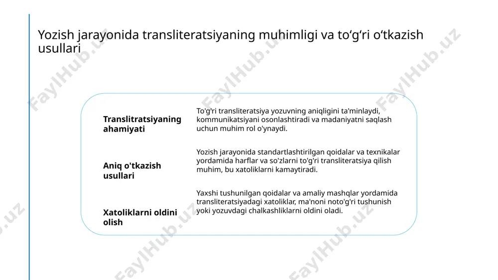 niy saqlash to‘g‘ri transliteratsiya, tarixiy va madaniy merosni saqlashda muhim, yozma an’analarning davomiyligini ta’minlab, milliy identitetni kuchaytiradi. 3 lingvistik moslashuv qoidalar, yangi texnologiyalar va xalqaro standartlarga moslashishni ta’minlab, tilning aniq va oson tushunilishini ta’minlab, kommunikatsiyani rivojlantiradi. tarixiy va zamonaviy kontekstda transliteratsiya qoidalarining evolyutsiyasi. 1 tarixiy rivojlanish transliteratsiya qoidalari tarixda turli davrlarda o'zgargan, yozuv tizimlarining rivojlanishi bilan o'zgarib, zamonaviy standartlarga erishdi. 2 standartlashtirish jarayoni 20-asrda muayyan standartlar ishlab chiqildi, bu esa yozuvda aniqlik va tushunishni ta'minlab, til va madaniyatni saqlashga yordam berdi. 3 zamonaviy talablar hozirgi kunda texnologik rivojlanish va xalqaro aloqalar transliteratsiya qoidalarini yangilash va moslashtirishni talab qilmoqda. 4 tarixiy va zamonaviy o'zgarishlar tarixiy jarayonlar va zamonaviy ehtiyojlar transliteratsiya qoidalarining evolyutsiyasini belgilab, ularning barqarorligini va moslashuvchanligini ta'minlaydi. koʻchirish qoidalarining amaliyotdagi qoʻllanilishi va muammolari. 1 amaliy qoʻllanilish muammolari - koʻchirish qoidalarini amaliyotda qoʻllashda, baxtsiz xatoliklar va notoʻgʻri transliteratsiya yuzaga kelishi mumkin, ayniqsa talaffuz va yozuvdagi farqlarga e'tibor berilmasa. 2 texnologik muammolar …