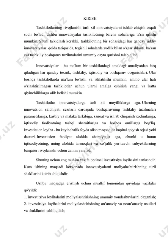 asi, qayta tiklash, texnik qayta qurollantirish, korxonalar xo`jalik yuritish va ishlab chiqarish faoliyatining muhim jihatlaridan biri ishlab chiqarish va iqtisodiy salohiyatni rivojlantirish va saqlab qolishdir. korxonalarning bu yo`nalishdagi faoliyati investitsion faoliyat deb ataladi hamda «investitsion faoliyat to`g`risida» gi qonun va boshqa huquqiy hujjatlar bilan tartibga solinadi. investitsiyalar korxonalar va xalq xo`jaligi miqyosida yangi ishlab chiqarish korxonalari yaratish yoki mavjud korxonalarni zamonaviylashtirish, ilg`or texnika va texnologiyalarni o`zlashtirish, mahsulot ishlab chiqarish va foyda (daromad) olishni ko`paytirish maqsadida uzoq muddatli mablag`lar kiritilishidir. investitsiyalar ijtimoiy ishlab chiqarish tuzilmasini yaxshilash, ishlab chiqarishdagi nomutanosibliklarini bartaraf qilish va iste`mol bozorini ta`minlashda alohida e`tiborga ega. investitsiyalarni shakllantirish va ulardan foydalanish, mamlakat va xo`ja-lik yurituvchi subyektlarning investitsion siyosati asosida amalga oshiriladi. bu siyosat birinchidan, kapital qo`yilmalarning ustuvor yo`nalishlarini, ikkinchidan, ishlab chiqarish kuchlarini to`g`ri joylashtirish va rivojlantirish, uchinchidan, fan- texnik taraqqiyoti va butun iqtisodiyotning rivojlanishini belgilab beradi. investitsiyalarning «xo`jayini» sifatida korxonalarning o`zidan tashqari, davlatni, mahalliy hokimiyat idoralari va xususiy tadbirkorlarni …