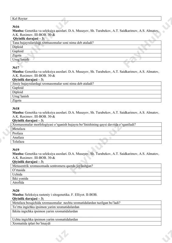 eoproteidlar buralib yo’g’onlashganda xromasomalar faoliyatining 2-davrida yadroning bo’linish davrida №23 manba: seleksiya rasteniy i sitogenetika. f. elliyot. ii-bob. qiyinlik darajasi – 3; hujayrada yadroning bo’linishi nima deb ataladi? mitoz (kariokinez) sitokinez prometafaza telofaza №24 manba: genetika va seleksiya asoslari. d.a. musayev, sh. turabekov, a.t. saidkarimov, a.s. almatov, a.k. raximov. iii-bob. 30-& qiyinlik darajasi – 3; urug’langan tuxum hujayra qanday ataladi? zigota liptotena zigotena paxitena №25 manba: genetika va seleksiya asoslari. d.a. musayev, sh. turabekov, a.t. saidkarimov, a.s. almatov, a.k. raximov. iii-bob. 30-& qiyinlik darajasi – 3; jinsiy hujayralarning rivojlanishida ro’y beradigan meyoz ikki bo’linishda kechadi. ular qaysilar? reduksion va ekvasion bo’linishlar mitoz va meyoz mitoz va ekvasion bo’linishlar reduksion va meyoz №26 manba: genetika va seleksiya asoslari. d.a. musayev, sh. turabekov, a.t. saidkarimov, a.s. almatov, a.k. raximov. iii-bob. 30-& qiyinlik darajasi – 3; eukariot organizmlarning xromasjmasini necha % gistonli oqsillar tashkil etadi? 40% 20% 10% 80% №27 manba: genetika va …