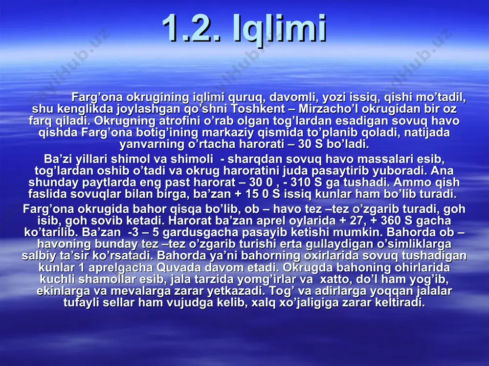 sh bo’lsa va yerdan foydalanish bo’yicha yetarli statistik ma’lumotlar bo’lmasa (hosildorlik, mahsulotining tannarxi va boshqalar), bu xo’jalik baholash shkalasi tuzish uchun ma’lumotlarni qayta ishlashda ishlatilmaydi. ii.bob. farg’ona okrugining tabiiy geografik rayonlarga va landshaftlarga bo’linishi. 2.1. markaziy farg’ona tabiiy - geografik rayoni. farg’ona okrugi o’z navbatida markaziy farg’ona va adirlar deb ikkita tabiiy – geografik rayonga bo’linadi. markziy farg’ona tabiiy –geografik rayoni o’z ichiga vodiyning akkumlyativ tekislik qismini olib, atrofini adirlar o’rab olgan. rayon yer usti tuzilishi jihatdan tekislik bo’lib, unda sirdaryoning yangi va eski uchta qayirlari joylashgan hamda allyuvial yotqiziqlardan (shag’al, qum, lyossimon, qumoq) tashkil topgan. tekislikning markaziy qismida eol qumliklar, taqirlar va sho’rxoklar uchraydi. 5.ko’p yillik mevali daraxtlarning turlari va navlari, yoshining tarkibi haqidagi ma’lumotlar va ularning tuproq agronomik ishlab chiqarish guruhlari bo’yicha jadval tuziladi. bu ma’lumotlar qoidaga ko’ra ixtisoslashgan xo’jaliklar bo’yicha to’planadi, shuningdek, mevali daraxtlar mahsuloti tovar ahamiyatiga ega bo’lgan xo’jaliklardan to’planadi. 2.2. adirlar tabiiy –geografik rayoni. adirlar …