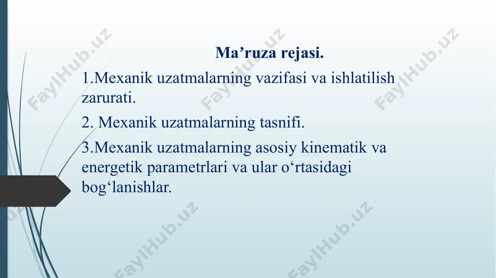 chan bo‘g‘in orqali bog‘langan, yaʼni tasmali va zanjirli uzatmalar. b) xarakatni uzatish usuliga ko‘ra: qismlardagi maxsus elementlarning o‘zaro ilashishi xisobiga xarakat uzatuvchi tishli, chervyakli, zanjirli, vint-gayka va tishli tasmali uzatmalari; qismlar orasidagi ishqalanish xisobiga xarakatni uzatuvchi tasmali va friksion uzatmalar. uzatmalar aylanuvchi qismlar o‘rnatilgan vallarning o‘zaro joylashishlari bo‘yicha xam quyidagi turlarga bo‘linadi: vallarining o‘qlari parallel bo‘lgan uzatmalar; planetar uzatma vallarining o‘qlari kesishuvchan uzatmalar vallarining o‘qlari ayqash uzatmalar ushbu parametrlar quyidagicha o‘zaro bog‘langan:  =  n /30 ;  =  r =  d /2 =  nd /60 ; i = n1 / n2= 1 / 2 , bu yerda r – detaldagi aylanuvchi nuqtaning aylanish o‘qiga nisbatan radiusi, m; d – aylanma detalning nuqta joylashgan diametri, m; n1, 1 - uzatma yetaklovchi(kirish) validagi detalning aylanishlar soni (1/min) va burchak tezligi (rad/sek); n2 , 2 - uzatma yetaklanuvchi (chiqish) validagi detalning aylanishlar soni (1/min) va burchak tezligi (rad/sek). …