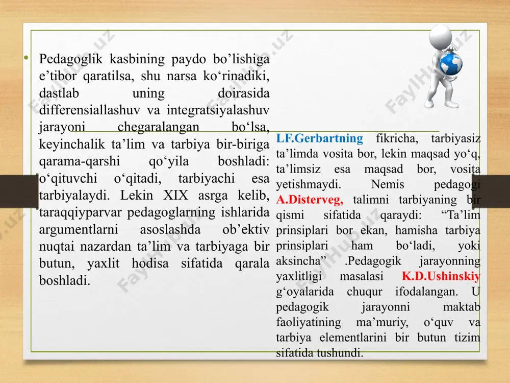 ning aloqadorligi, m. kodjaspirov bo‘yicha: ijtimoiy shart-sharoitlar bilan shartlanganlik qonuniyati, tarbiviv jarayon mohiyatining shartlanganlik qonuniyati, tarbiya, o‘qitish, ma’lumot va rivojlanishning o‘zaro bog‘liqligi qonuniyati. tarbiya va o‘zini-o‘zi tarbiyalashning birligi qonuniyati. ta’lim va tarbiya jarayonida muloqotning hal qiluvchilik roli qonuniyati yaxlit pedagogik jarayon tamoyillarining yu.k.babanskiy bo‘yicha tasnifi: • pedagogik jarayonning maqsadga yo‘naltirilganligi; • ta’lim va tarbiya mazmunining ilmiyligi; • ta’lim oluvchilarning yosh va individual xususiyatlarini hisobga olish, tushunarlilik; • tizimlilik va ketma-ketlik; • onglilik, faollik, tashabbuskorlik, ta’lim oluvchilarning ijodkorligi; • ta’lim va tarbiyaning ijtimoiy faoliyati, ishlab chiqarish mehnati bilan aloqasi: • ta’lim va tarbiyaning jamoaviy xarakteri; • ko‘rgazmalilik; • ongli talabchanlik bilan birgalikda ta’lim oluvchi shaxsini hurmat qilish; • ta’lim va tarbiyaning qoidaviy metod, shakl va vositalarini tanlab olish; • sababiylik, onglilik hamda ta’lim, tarbiya va rivojlanishining amaliy natijalari; • tarbiyaga kompleks yondashuv. b.t.lixachev tasnifi. • o‘quv-tarbiya jarayonining ijtimoiy-qadriyatli maqsadga yo‘nalganligi; • ta’lim oluvchilar faoliyatining turli turlarining o‘zaro harakatini tashkil etishga kompleks …