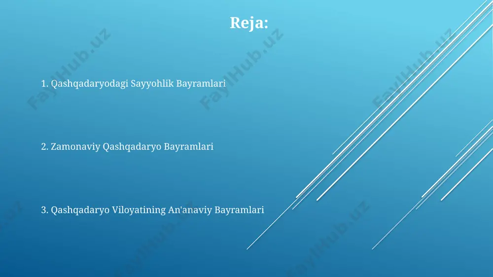 htirokchilar qatnashadi. viloyatda an'anaviy hunarmandchilik va milliy o'yinlarga bag'ishlangan 5 ga yaqin yirik festival o'tkazilib, turizmni rivojlantirishga hissa qo'shadi. ramazon hayiti bayram munosabati bilan qashqadaryo viloyatida 50 dan ortiq madaniy-ma'rifiy tadbirlar, shu jumladan, milliy o'yinlar va konsertlar tashkil etiladi. ramazon hayiti davomida qashqadaryoda 20 dan ortiq masjidlarda jamoat namozlari o'qiladi va 10 mingdan ziyod kishi ishtirok etadi. ramazon hayiti arafasida qashqadaryo bozorlarida mahsulotlarga bo'lgan talab taxminan 30% ga oshadi, bu esa savdo aylanmasining sezilarli darajada o'sishiga olib keladi. "xalq hunarmandchiligi" festivali festival doirasida 10 dan ziyod turdagi hunarmandchilik buyumlari, jumladan, kulolchilik, zardoʻzlik, toʻqimachilik va yogʻoch oʻymakorligi namoyish etiladi va ularga yuqori baho beriladi. tadbir davomida 2000 dan ortiq tomoshabin tashrif buyurib, milliy anʼanalar va madaniyatimizning boyligini namoyish etuvchi koʻrgazma va mahorat darslariga guvoh boʻladi. “xalq hunarmandchiligi” festivali qashqadaryo viloyatida har yili oʻtkazilib, unda 50 dan ortiq hunarmand oʻzining noyob qoʻl mehnatlari bilan ishtirok etadi va milliy hunar sirlarini namoyish etadi. …