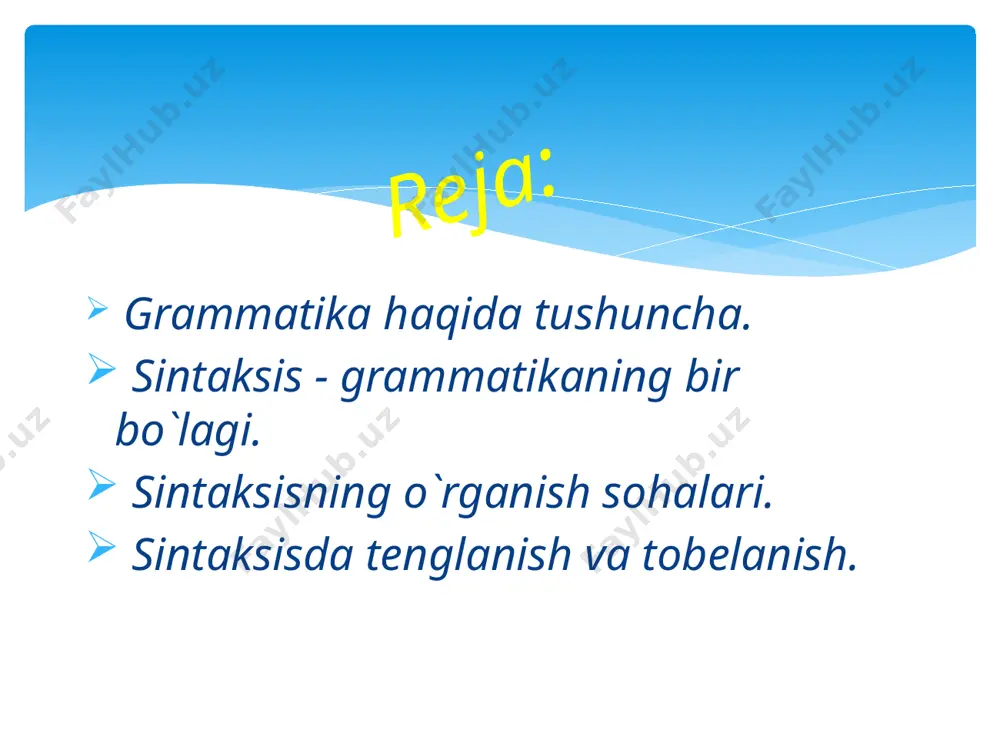shimcha (-lik) yordamida ot yasalgan, tushum kelishigi affiksi (-ni) ni qabul qilgan; doim so`zi –holat (tarz) ravishi; ardoqlaymiz so`zi – ot (ardoq) dan so`z yasovchi affiks – la orqali fe`l yasalgan, -y ravishdosh affiksi, -miz tuslovchi (shaxs-son zamon ko`rsatkichi). sintaksisning sohalari so`z shakl sintaksisi matn sintaksisi gap sintaksisi so`z birikmasi sintaksisi so`z shakl sintaksisi har bir gapda ma`lum bir shaklda ishtirok etadigan mustaqil so`zlarni ya`ni gap bo`laklarini o`rganadi. so`z birikmasi sintaksisi o`zaro sintaktik bog`lanib, tushuncha ifodalovchi birikmalarni o`rganadi. gap sintaksisi o`zaro sintaktik bog`lanib, fikr ifodalovchi birliklarni – sodda va qo`shma gaplarni o`rganadi. matn sintaksisi mazmuniy yaxlitlikni tashkil etgan oliy darajadagi kommunikativ butunlikliarni o`rganadi. gapda so`zlar bir-biri bilan tenglanish yoki tobelanish orqali sintaktik aloqaga kirishadi. sintaksisda tenglanish va tobelanish. tenglanish tenglanish orqali birikadigan birikmalar tarkibidagi so`zlar teng huquqli bo`ladi,ya`ni biri ikkinchisiga tobelanmaydi.ular tenglanish ohangi bilan aytiladi.tenglanish, asosan, uyushiq bo`laklar va bog`langan qo`shma gapning qismlari orasida bo`ladi. misol: biz do`stlikni, halollikni va …