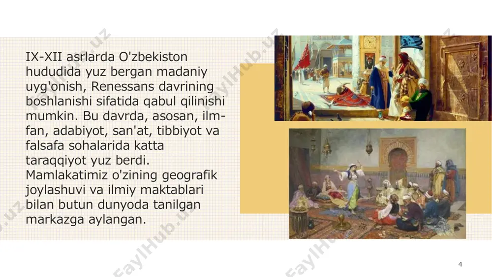 ilmiy inqilobni rag'batlantirdi. ayniqsa, arabcha tarjimalar orqali sharq ilmiy merosi yevropaga yetib borgan va xristian dunyosida ilm-fan va san'atning yangilanishiga olib kelgan. shunday qilib, 14 ix-xii asrlar o'zbekiston hududida madaniy uyg'onish davrining shakllanishi, renessansning boshlanishiga ta'sir qilgan va buyuk allomalar orqali jahonda ilm-fan va madaniyatning rivojlanishiga katta hissa qo'shgan. xulosa: 20гг 15 ix-xii asrlarda o'zbekiston hududida yuz bergan madaniy uyg'onish, ilm-fan, san'at va falsafa sohalarida katta yutuqlarga erishish bilan jahon sivilizatsiyasiga muhim hissa qo'shgan. bu davrda buxoro, samarqand va xorazm kabi ilmiy markazlar shakllanib, buyuk allomalar — al-farg‘oni, al-xorazmiy, ibn sino, al-biruniy va omar xayyam kabi ilm-fan va madaniyat sohasidagi mutafakkirlar o'z asarlari orqali jahon madaniyatiga katta ta'sir ko'rsatgan. 16 yevropadagi renessans davriga ta'siri katta bo'lib, bu davr sharq va g'arb o'rtasidagi ilmiy va madaniy aloqalarning rivojlanishiga yordam berdi. shunday qilib, bu davr madaniy uyg'onishi nafaqat o'zbekiston, balki butun jahon sivilizatsiyasining rivojlanishiga muhim hissa qo'shgan. ularning ilmiy kashfiyotlari va g'oyalarining …