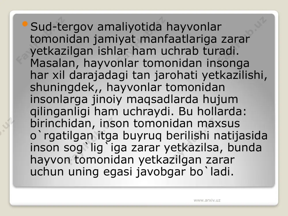 k uchun jinoiy javobgarlikka tortish va jazo tayinlanishi mumkin emas. nota bene! ayb deganda shaxsning sodir etgan ijtimoiy xavfli qilmishi va uning oqibatlariga (qasddan yoki ehtiyotsizlik ko`rinishidagi) bo`lgan ruhiy munosabati tushuniladi jinoyat qonunchiligida va sud amaliyotida aybning og`irligini anglatuvchi, uning miqdoriy xususiyatini aks ettiruvchi “aybning darajasi” tushunchasi ishlatiladi. aybning darajasi shaxsning jinoyat holatlariga bo`lgan munosabati shakllari va tarkibining jami bilan aniqlanadi hamda ijtimoiy xavfli qilmishning darajasi bilan belgilanadi. bular quyidagilardan iborat: ruhiy munosabatining xususiyatlari, jinoyatning motiv va maqsadi, shaxsni tavsiflaydigan holatlarga oid jinoiy qasd yoki ehtiyotsizlikning kelib chiqishiga turtki bo`lgan sabab va shart-sharoitlardir. www.arxiv.uz image2.jpeg image3.jpeg image4.jpeg