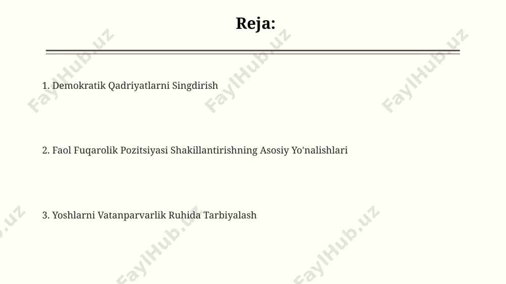 a oshirilayotgan "yoshlar-kelajagimiz" loyihasi doirasida 2024 yilda 10 000 dan ortiq yosh tadbirkorga grantlar va imtiyozli kreditlar taqdim etilishi rejalashtirilgan. davlatning "yosh avlod" dasturi doirasida 2023-2027 yillarga moʻljallangan 5 ta asosiy yoʻnalish belgilab olinib, har bir yoʻnalishga 150 mlrd. soʻm mablagʻ ajratilgan. barqaror rivojlanishga hissa qo'shish yoshlarning innovatsion loyihalarida ishtiroki (kamida 1000 ta loyiha) barqaror rivojlanish maqsadlariga erishishda muhim omil hisoblanadi, bu esa ijtimoiy-iqtisodiy taraqqiyot ko'rsatkichlarining o'sishiga olib keladi. barqaror rivojlanishga yoshlarni 2030-yilgacha bo'lgan davlat dasturi doirasida 5 ta asosiy yo'nalish orqali jalb qilish, ularning faol fuqarolik pozitsiyasini shakllantirishga xizmat qiladi. barqaror rivojlanish uchun ekologik savodxonlikni oshirish (70% gacha yoshlarni qamrab olish) va atrof-muhitni muhofaza qilishga yo'naltirilgan faollik darajasini yuksaltirish muhim ahamiyat kasb etadi. fuqarolar pozitsiyasini shakllantirishning ahamiyati ta'lim tizimida fuqarolik bilim va ko'nikmalarini rivojlantirish dasturlarini qo'llash orqali huquqbuzarlik darajasini 15% ga kamaytirish va ijtimoiy adolatni kuchaytirish mumkin. faol fuqarolik pozitsiyasi bo'lgan yoshlar sonining o'sishi, innovatsion g'oyalar va jamiyat taraqqiyoti …