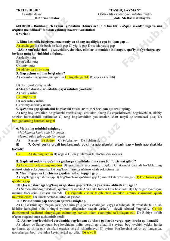 imchasi (-sa) d) berilganlarning barchasi to‘g‘ri 7. faqat teng bog‘lovchilar berilgan qatorni toping. a) va, yo, -da b) ammo, hamda, chunki c) va, biroq, dam…, dam… d) ammo, yo…, yo, shuning uchun 8. bo‘lsa, esa so‘zlari qaysi turdagi qo‘shma gap qismlarini bog‘laydi? a) bog‘langan qo‘shma gap, ergashgan qo‘shma gap b) ergashgan qo‘shma gap c) bog‘langan qo‘shma gap d) bog‘lovchisiz qo‘shma gap 9. qaysi yuklamalar bog‘langan qo‘shma gap qismlarini bog‘lash bilan birga ular o‘rtasida zidlash, ketma-ketlik munosabati mavjudligini bildiradi? a) -da, -a, -yu b) -u, -yu, -mi c) -ki, -a, chi d) -u, -yu, -da 10. ayiruv bog‘lovchilaridan qaysi biri yolg‘iz holda ham, takror holda ham qo‘llanishi mumkin? a) goh…, goh b) dam…, dam c) yo…, yo d) ba’zan…, ba’zan 11. o‘zlashtirma gap berilgan qatorni aniqlang. a) o’z o’rnida aytilmagan so’z hech kim yo’q yerda chalingan kuyga o’xshaydi. b) “yaxshi fe’l bilan kishilar ko‘nglini olib, o‘zingni yomon qiliqlardan saqlab yasha”, – …