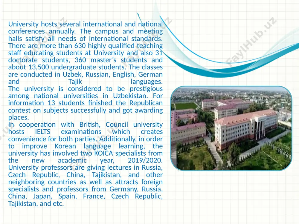 ers were the first victims of repression from communists. 5 the government of the soviet union, headed by lenin, founded turkestan people's university in 1918 with 1,200 students. it was renamed to turkestan state university in 1920, then renamed to first central asian state university in 1923 and renamed again to tashkent state university, named after lenin in 1961 and finally named national university of uzbekistan after uzbekistan's independence in 1961-1969, nuuz won the first place among institutions in central asia in the contemporary system of education and became one of the most prestigious higher institutions of the soviet union. many central asian national universities were established on the basis of the nuuz, including abai kazakh national pedagogical 6 university (1925), high pedagogy institute of tajikistan (1932) and the institute of agriculture of tajikistan (1931). during world war ii, many academics relocated from cities in the western ussr to central …