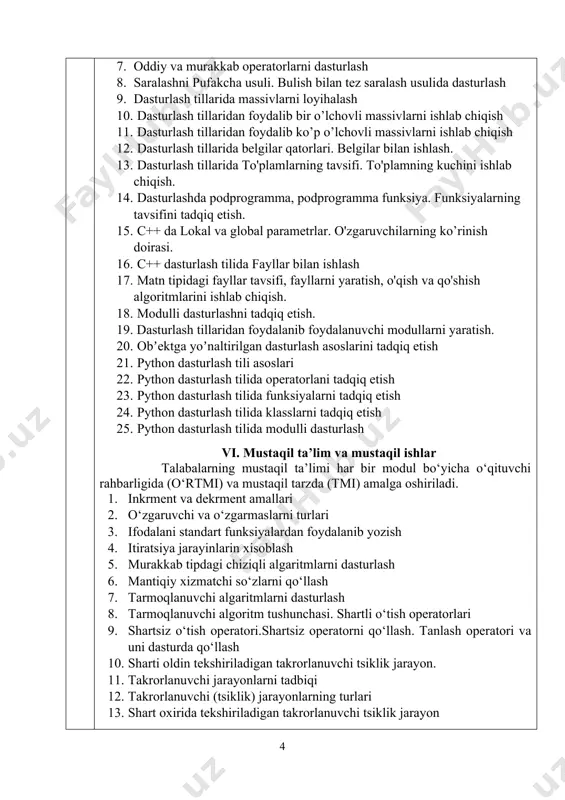 dagi chiziqli algaritmlarni dasturlash 6. mantiqiy xizmatchi so‘zlarni qo‘llash 7. tarmoqlanuvchi algaritmlarni dasturlash 8. tarmoqlanuvchi algoritm tushunchasi. shartli o‘tish operatorlari 9. shartsiz o‘tish operatori.shartsiz operatorni qo‘llash. tanlash operatori va uni dasturda qo‘llash 10. sharti oldin tekshiriladigan takrorlanuvchi tsiklik jarayon. 11. takrorlanuvchi jarayonlarni tadbiqi 12. takrorlanuvchi (tsiklik) jarayonlarning turlari 13. shart oxirida tekshiriladigan takrorlanuvchi tsiklik jarayon 14. algoritim xossalari va yozuv shakllari 15. algoritmlarni ishlab chiqish va taqdim etish usullari 16. tarmoqlanuvchi va takrorlanuvchi algoritmlar 17. masalalarni yechish bosqichlari: masalani qo`yish, model yaratish, algoritm, algoritm kodlash, natijalarni tahlil qilish. 18. dasturlash tillari. dasturlash paradigmasi. 19. ma'lumotlar turlari. tushunchalar, doimiy va o'zgaruvchan. konstantalar va o'zgaruvchilar uchun qoidalarni tavsiflash va yozish usullari. ma'lumotlar turlari diapazonlari. 20. ifodalar. operand, amal, ifoda, amallarning ustuvorligi. ifodalar yozish qoidalari. 21. operatorlar. oddiy va murakkab operatorlar. bo'sh operator. 22. shartli operator. tarmoqlanish algoritmlari. 23. sikl operatori. oddiy va o'rnatilgan sikllari 24. masalani yechishda oddiy va o‘rnatilgan sikllardan foydalanib, …